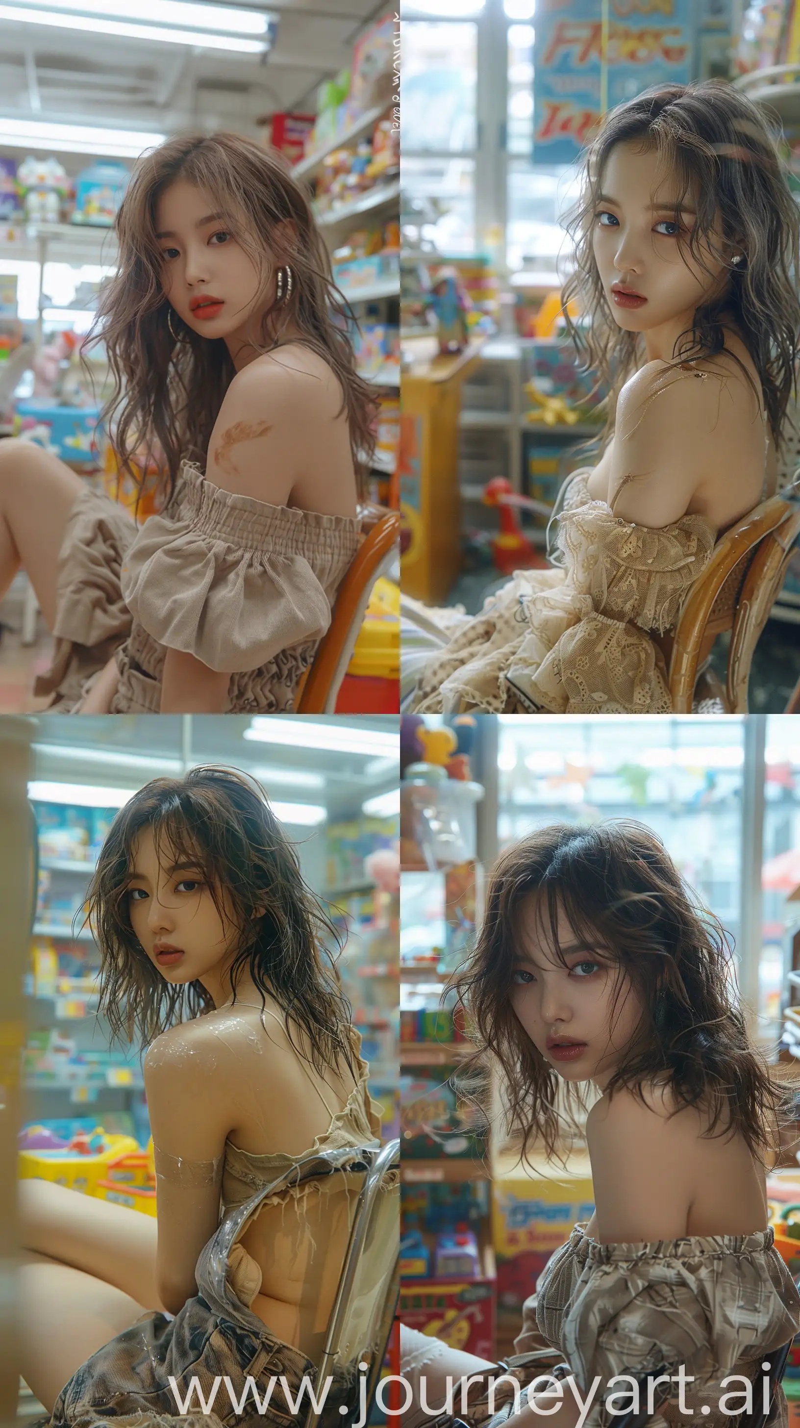 a blackpink's jennie, medium wolfcut hair, wide set eyes, grunge aestethic make up, wearing messy clothes sit on chair inside toys store, wavy, bared shoulder --ar 9:16 --stylize 250