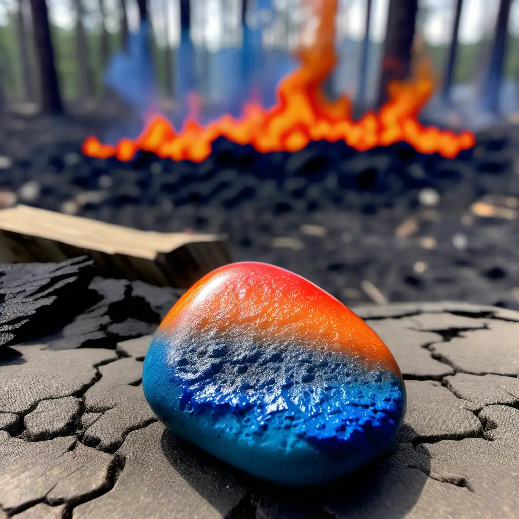 Lying on top of a conflagration, an ash pebble with a blue and orange ombre effect and a forest fire in the background