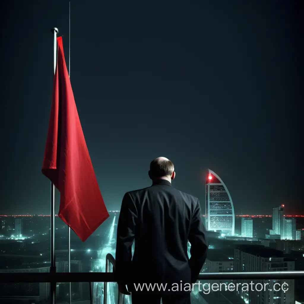 KGB-Agent-Observing-Skyscraper-with-Red-Flag-at-Night