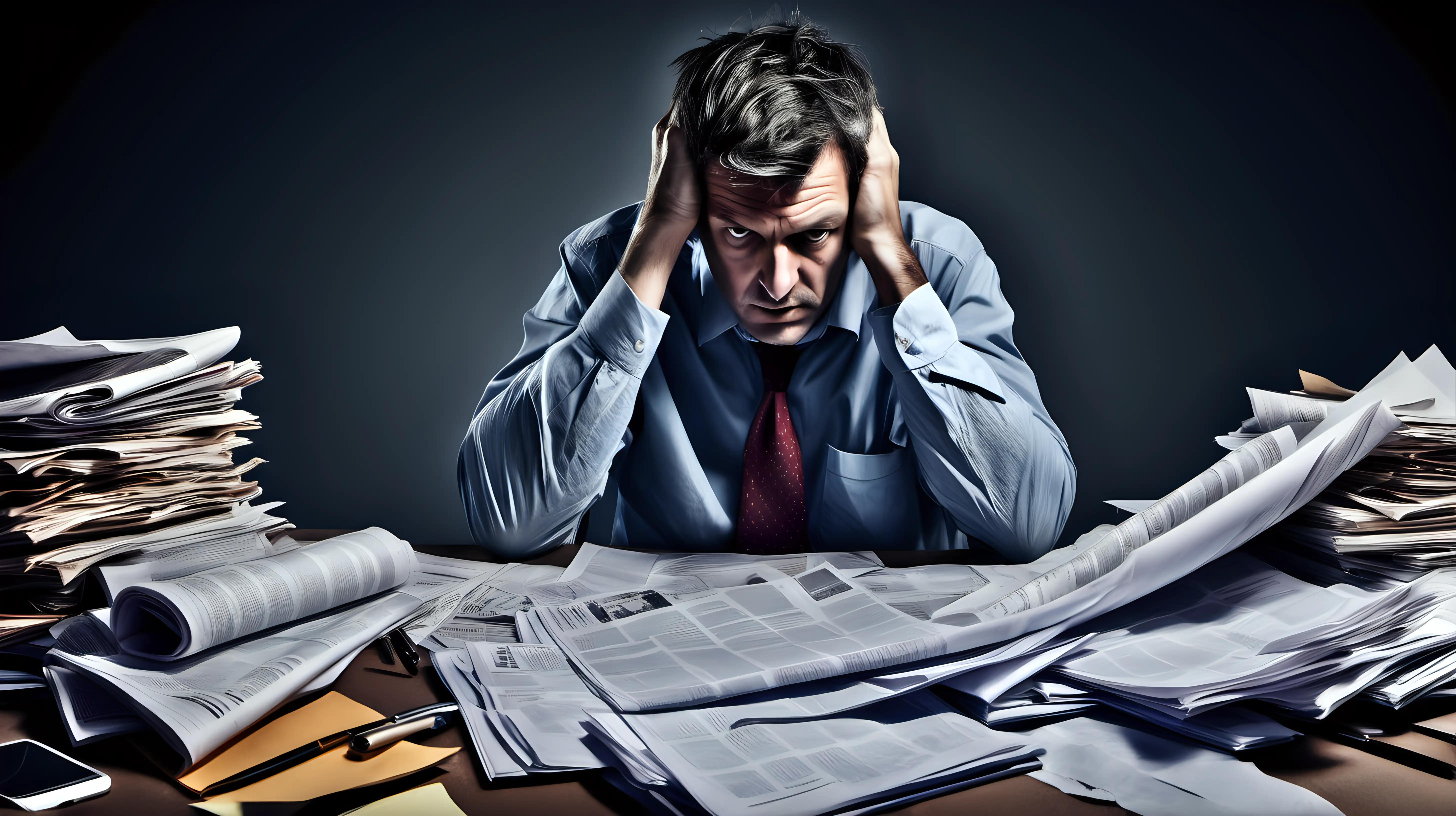 Craft an image of a journalist working on a tight deadline, surrounded by articles and research materials, with a worn-out yet focused look, highlighting the pressure and hard work involved in media professions.