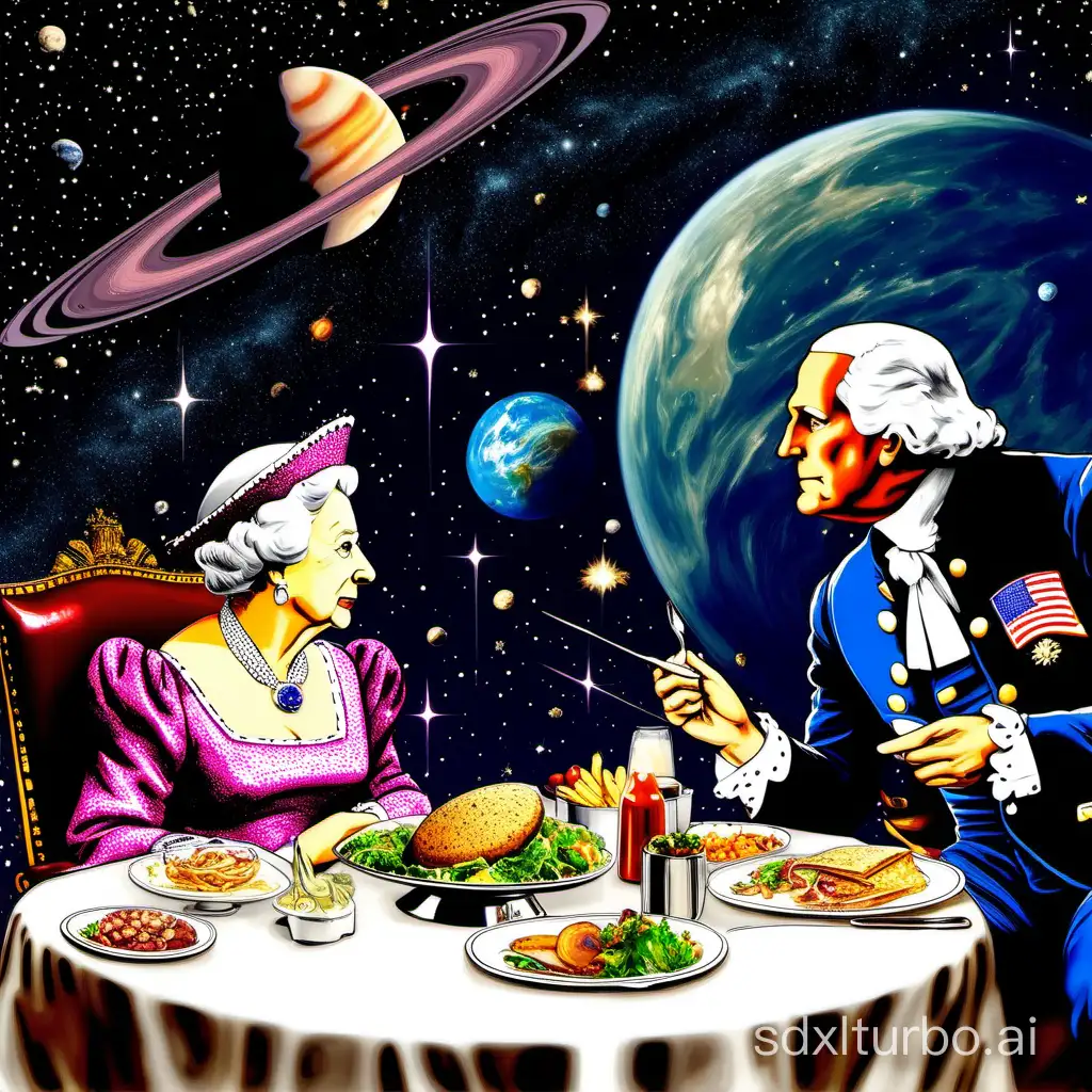 Queen Elizabeth and George Washington enjoy lunch together in outer space, Saturn in the background