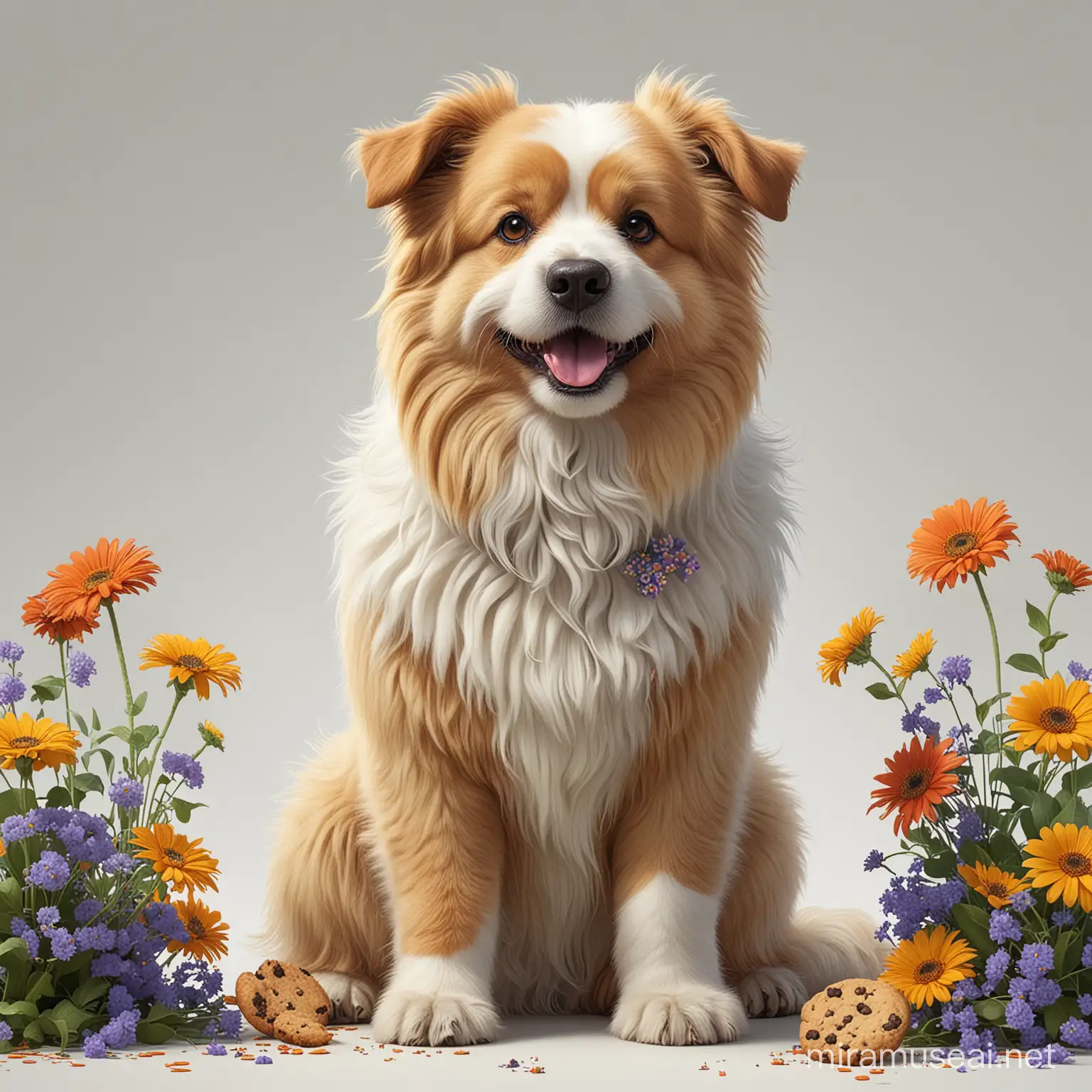 realistic full body shot of a fluffy dog, flowers in the hair, eatung a cookie,cartoonish, inventive character designs, color settings, 
highly detailed digital art, fixed on white background, , james gurney art --v 5.2 --s 250
