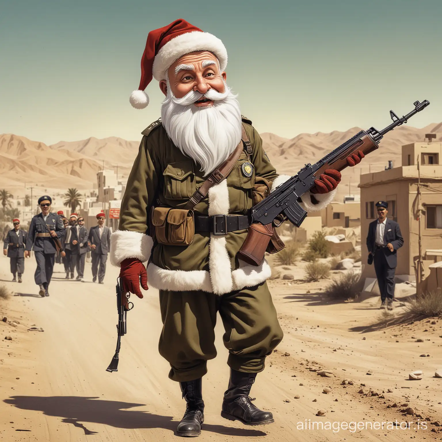 Photo in caricature style, funny, USA officer wearing a Santa Claus mask walking into Iran with an AK-47 in 1957.