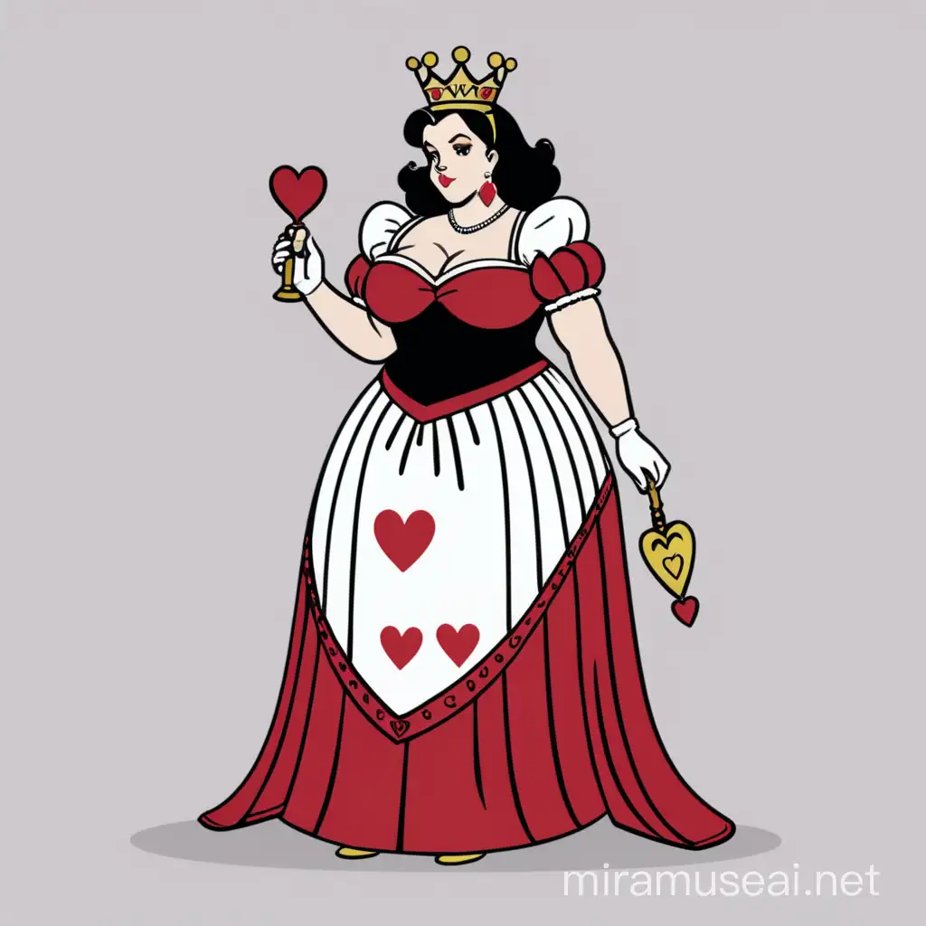 Queen of Hearts from disney, full body, minimalist, vector art, colored illustration with a black outline.
Queen of Hearts from Disney is obese and physically powerful. She has fair skin, black eyes, and black hair tied in the back with a little red headband. She dresses in a black-and-red gown with black-and-yellow stripes. Beneath her gown are a pair of white bloomers with a heart pattern and she wears red heels on her feet. Queen of Hearts has a small gold crown. Queen of Hearts from disney also dons matching gold earrings. She is also shown to be holding a heart scepter.