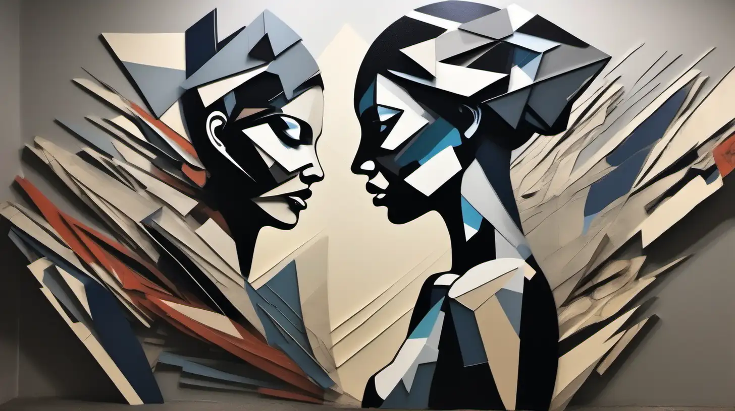create an image that artistically represents women through a fusion of abstract, contemporary, and modern art styles. The composition should feature the silhouette of a woman, but interpreted in an abstract manner – think along the lines of fragmented or geometric shapes, perhaps with a cubist influence. This abstract silhouette should be the centerpiece, symbolizing the complexity and multifaceted nature of women. Around this central figure, incorporate elements of contemporary art: perhaps bold, expressive brushstrokes, or digital art influences like glitch effects or pixelation. These contemporary elements should add depth and texture to the image, creating a dynamic and engaging visual experience. The background should be styled in a modern art approach, with minimalist influences – maybe a monochromatic color scheme or subtle gradient, providing a stark contrast to the more vivid foreground. The overall palette should be both bold and harmonious, blending various hues in a way that is impactful yet balanced. This composition should not only be visually striking but also convey a sense of empowerment, diversity, and the evolving representation of women in art.