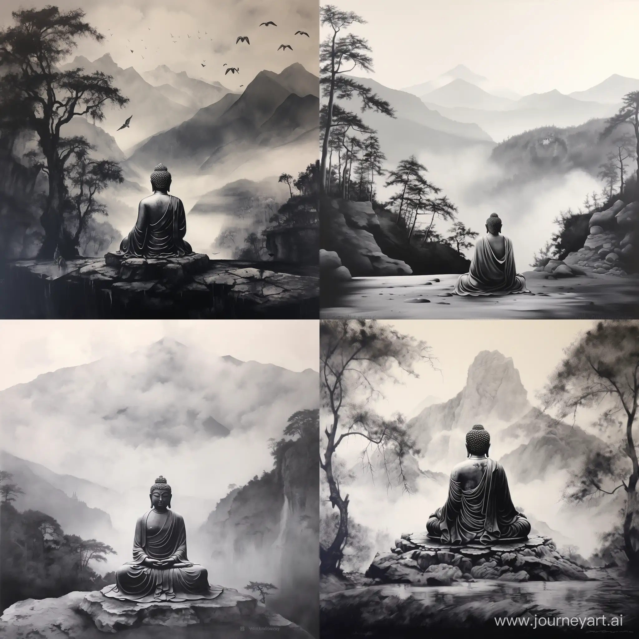 Serene-Buddha-Painting-Meditative-FullBody-Portrait-on-Misty-Mountain-in-Soft-Monochrome