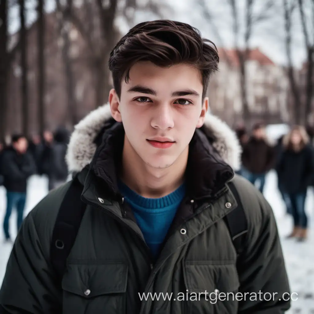 Красивый парень 19 лет, в зимней куртке, волосы тёмные, на фоне люди