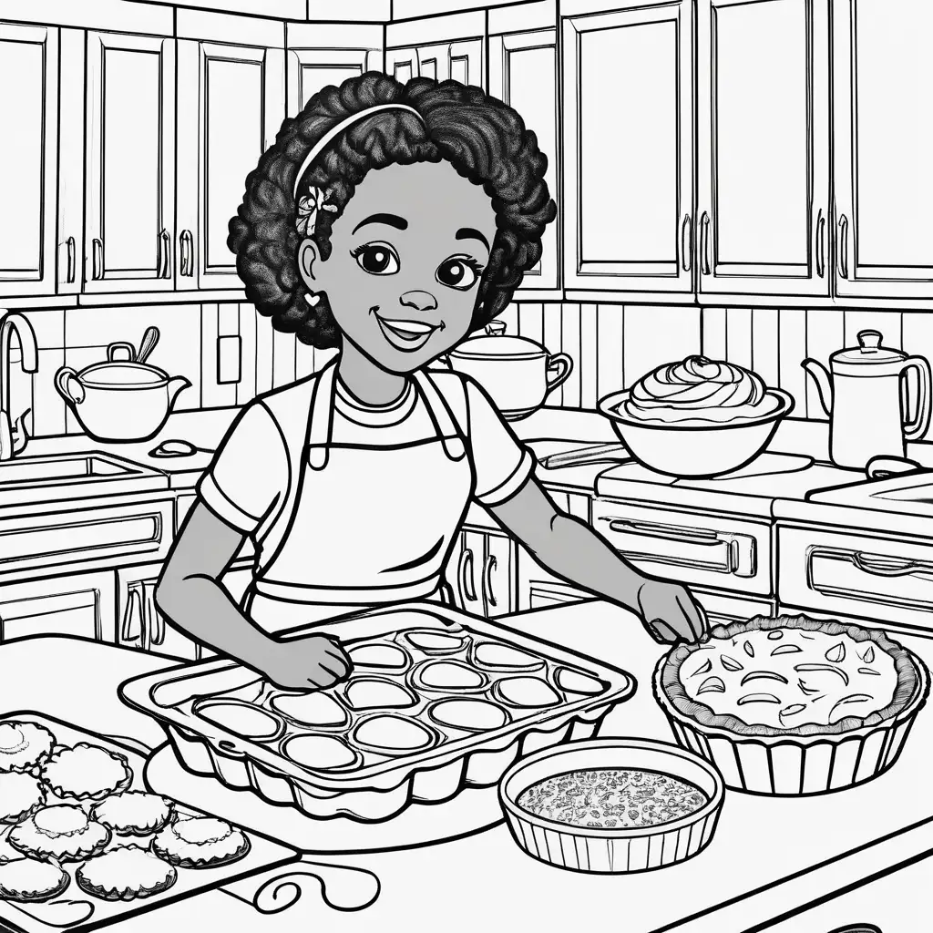 Diverse Children Baking HeartShaped Pies in a Kitchen Coloring Page