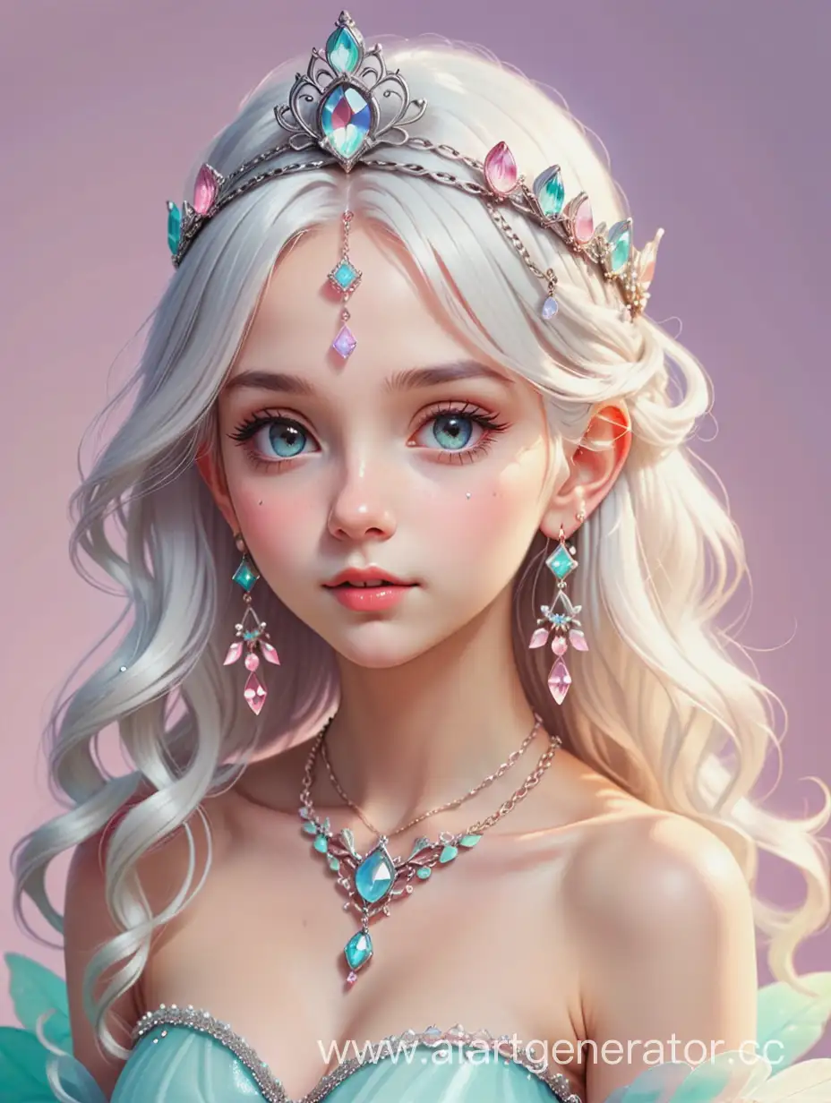 A white-haired fairy girl in a tiara with precious stones and earrings on a chain. In soft pastel colors