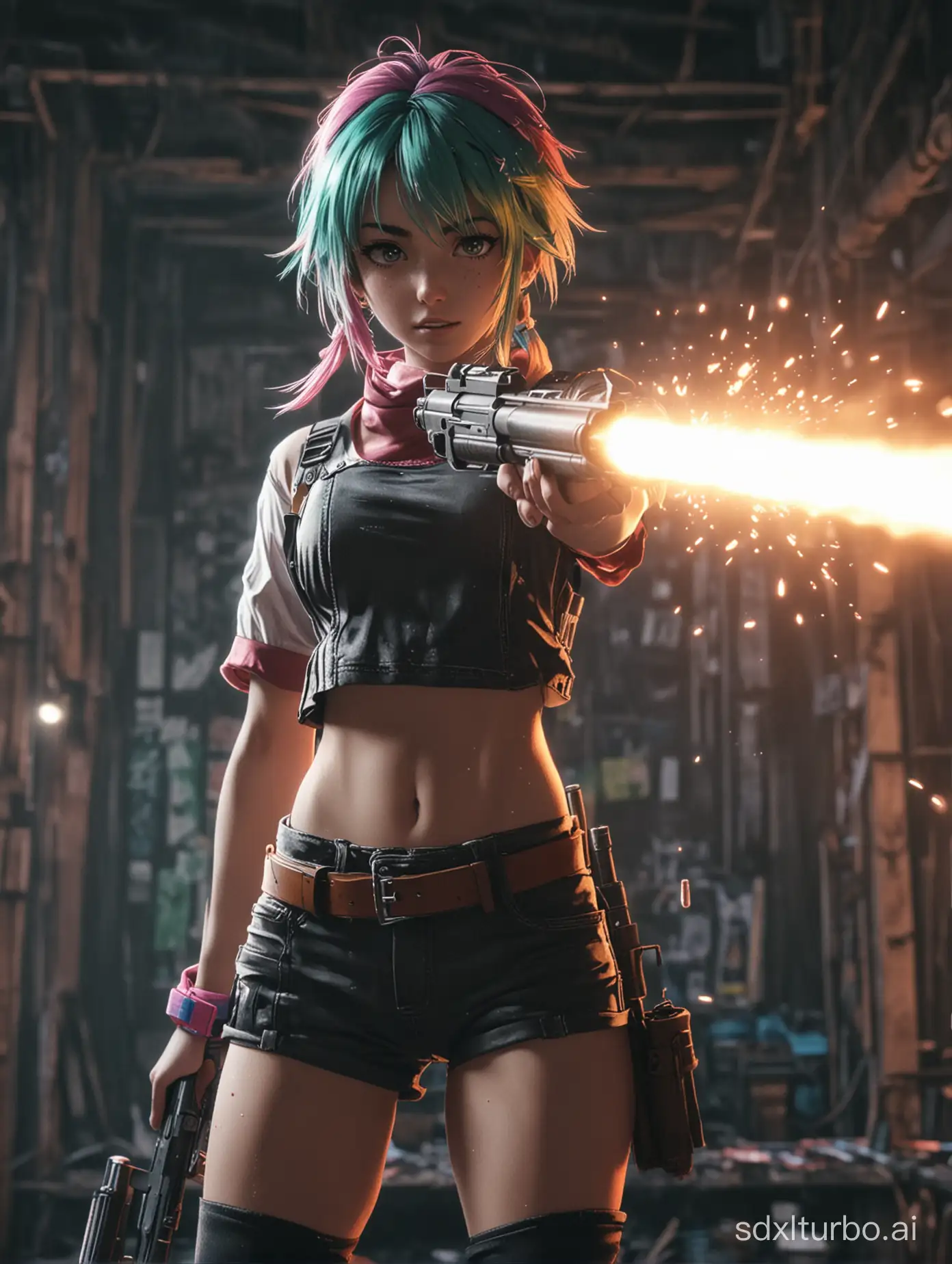 rendered anime girl shooting a bullet, full body,, Serene, Cyberghetto, Oil Pastel Drawing, long shot, Motion graphics, Depth of field, game item, multi colors, Hatecore, moody lighting, 16-bit