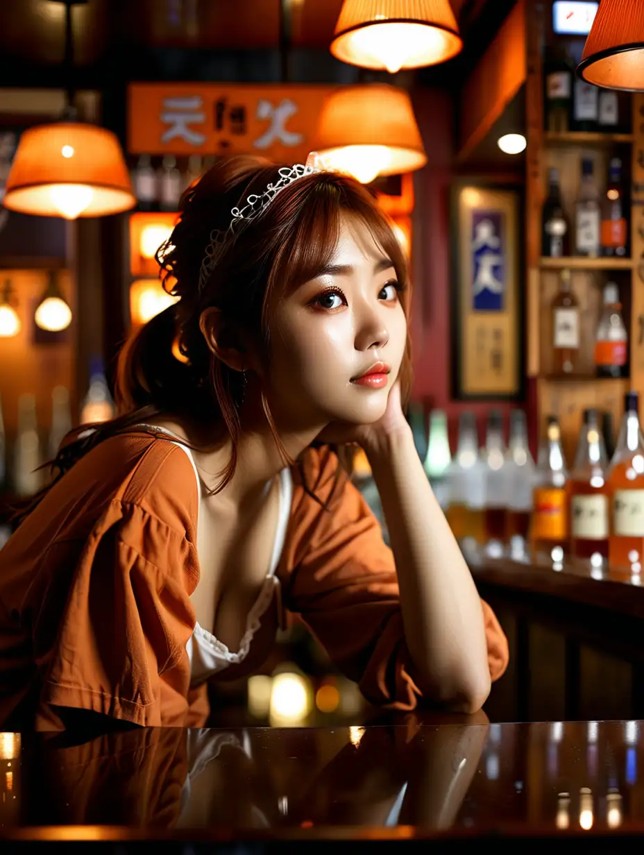 girl in the bar looking away, in the style of hallyu, soft, romantic scenes, zeiss batis 18mm f/2.8, strong facial expression, romantic use of light, dark orange and light brown, realistic scenes --ar 9:16 --stylize 750 --v 6