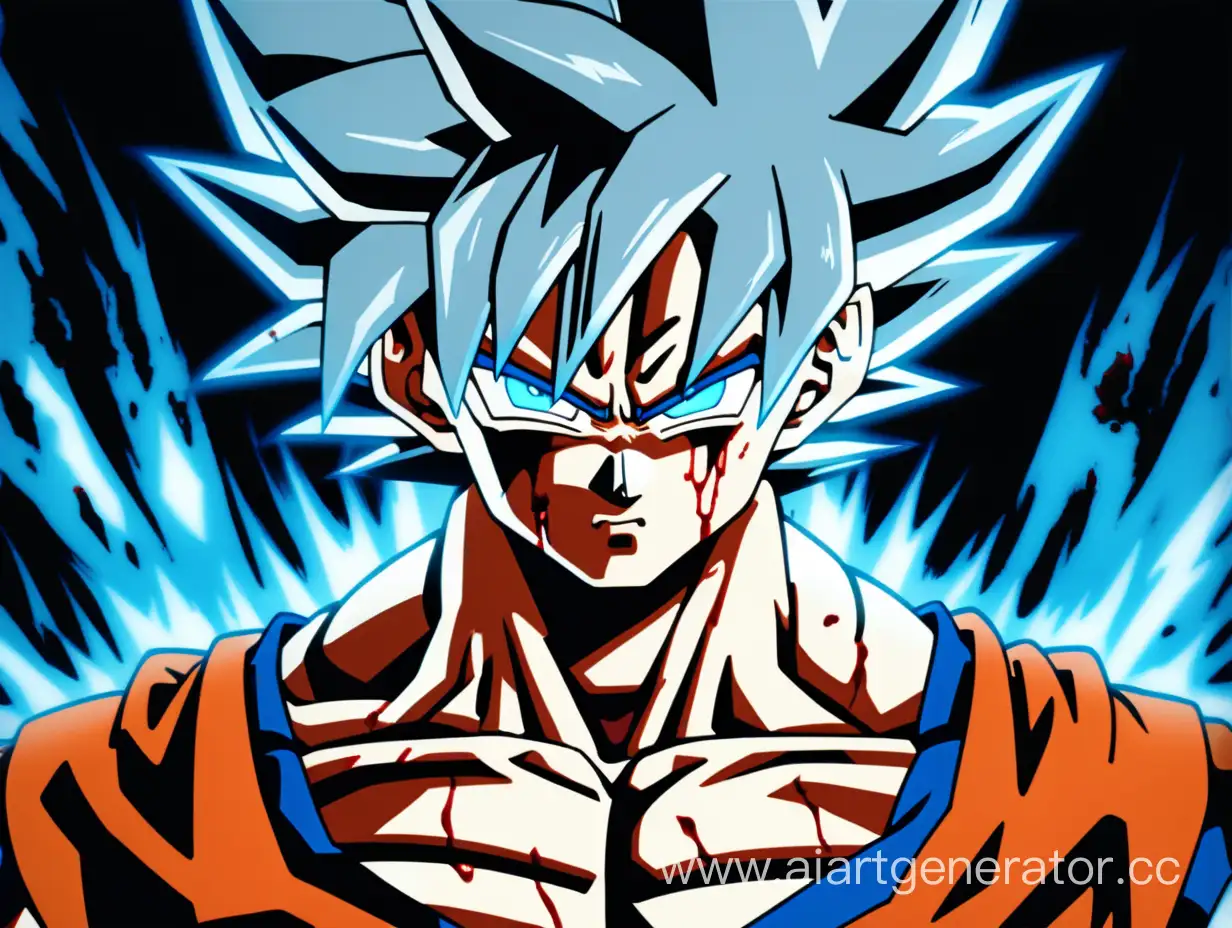 In this scene, Goku in full growth with his form called Mastered Ultra Instinct (blue eyes and grey hair) appears standing tall, though he is visibly injured and wearing damaged and bloody naked body. His face shows bloody serious emotion. However, Goku remains steadfast, refusing to yield even amidst the pain and exhaustion. 