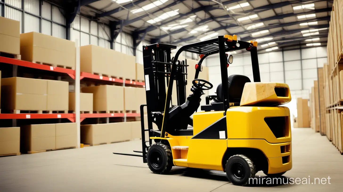 dynamic angle of yellow forklift truck in large white  warehouse moving materials