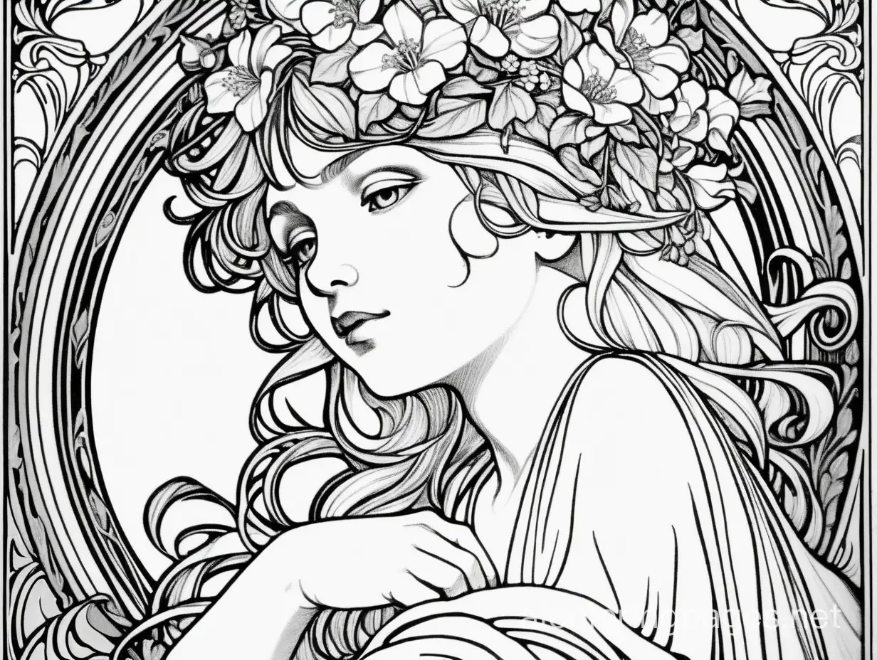 February, digital painting , extremely detailed , Alphonse Mucha, Art Nouveau, Coloring Page, black and white, line art, white background, Simplicity, Ample White Space. The background of the coloring page is plain white to make it easy for young children to color within the lines. The outlines of all the subjects are easy to distinguish, making it simple for kids to color without too much difficulty