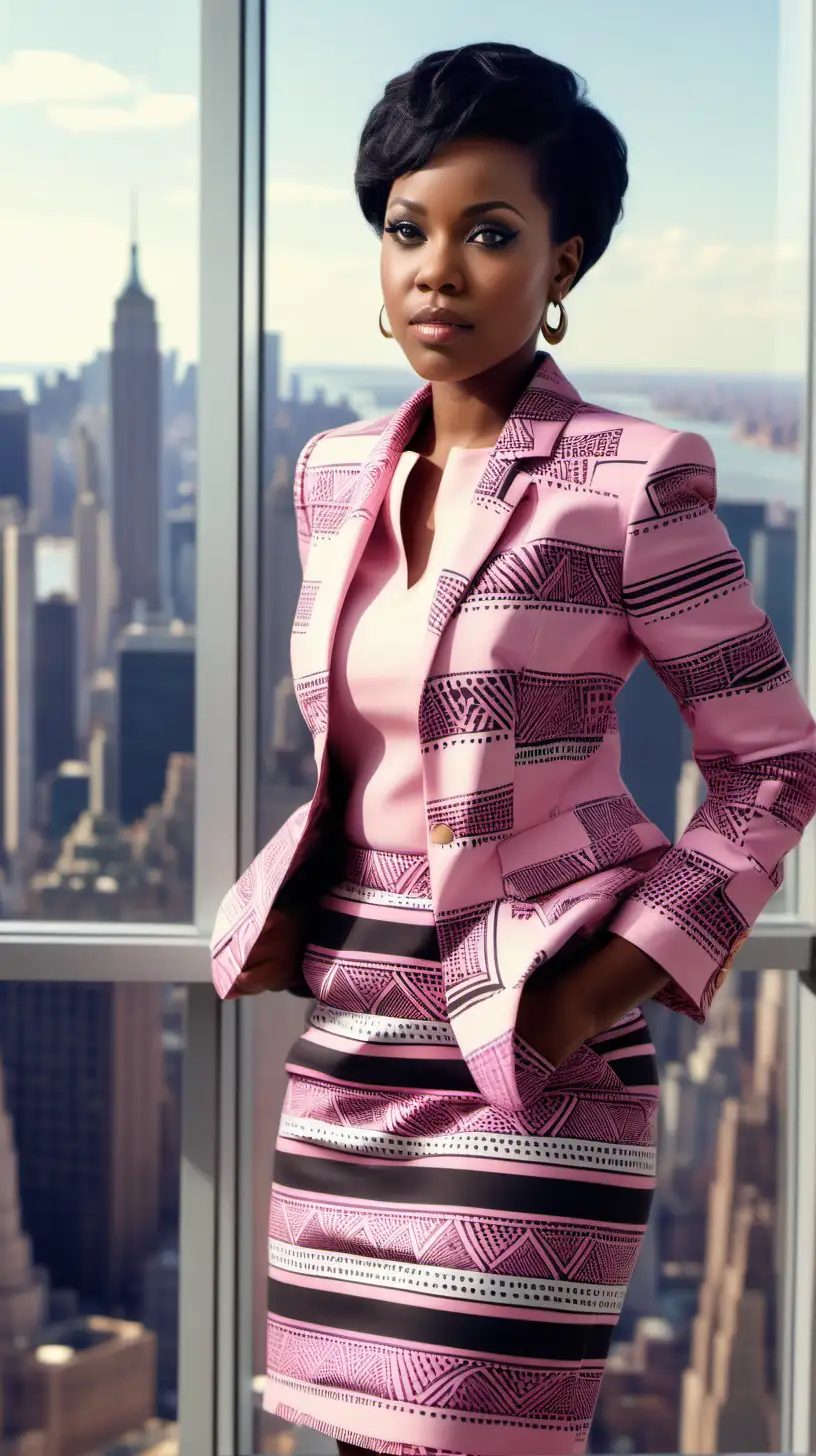 Stylish Black Woman in African Print Suit Admiring Manhattan Skyline