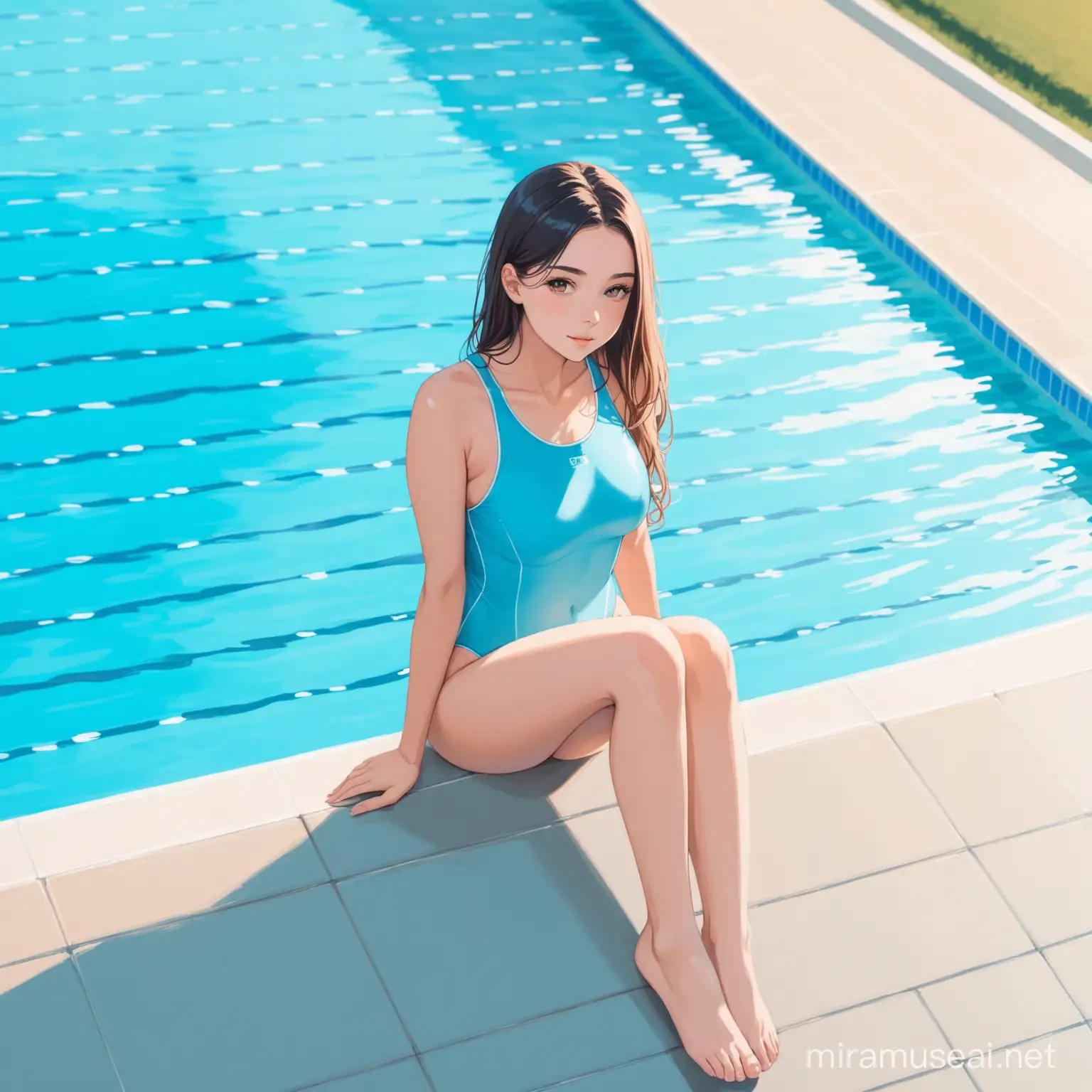 very beautiful girl in light blue swimming costume sitting on the edge of the pool, full height