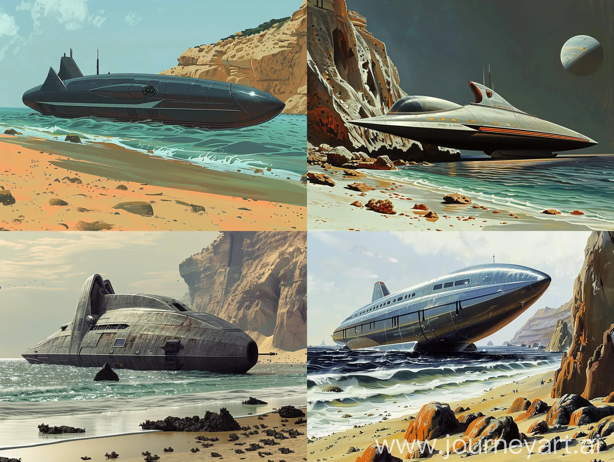 A large sleek spaceship freighter sitting on the shore of the ocean of an alien planet in the style of Ralph McQuarrie. Weird alien environment with strange scenery. Retro Science fiction art style. In color. 