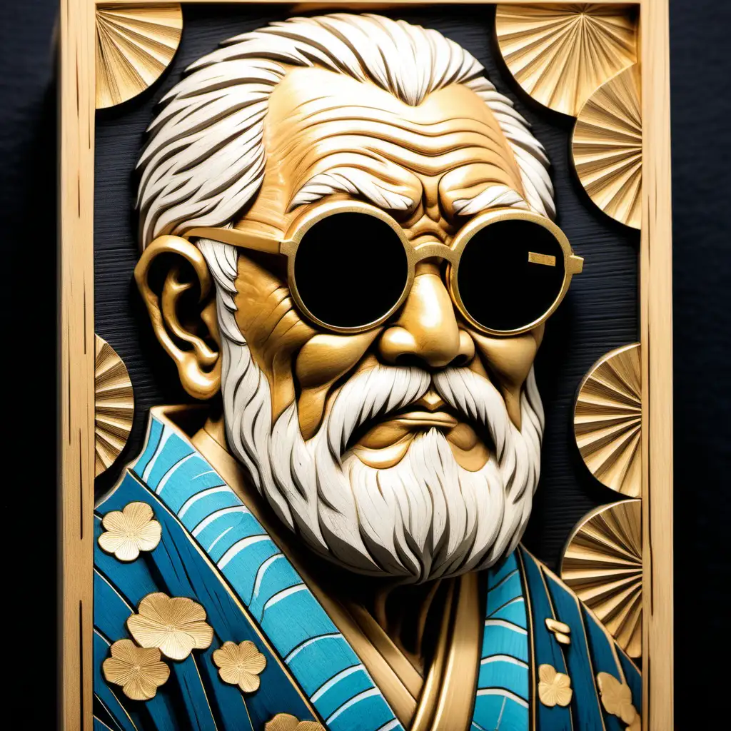 Stunning japanese wood block, old man with sunglasses, rough details, luxury product, gold and azure and ivory colors, black background --style raw --s 200 