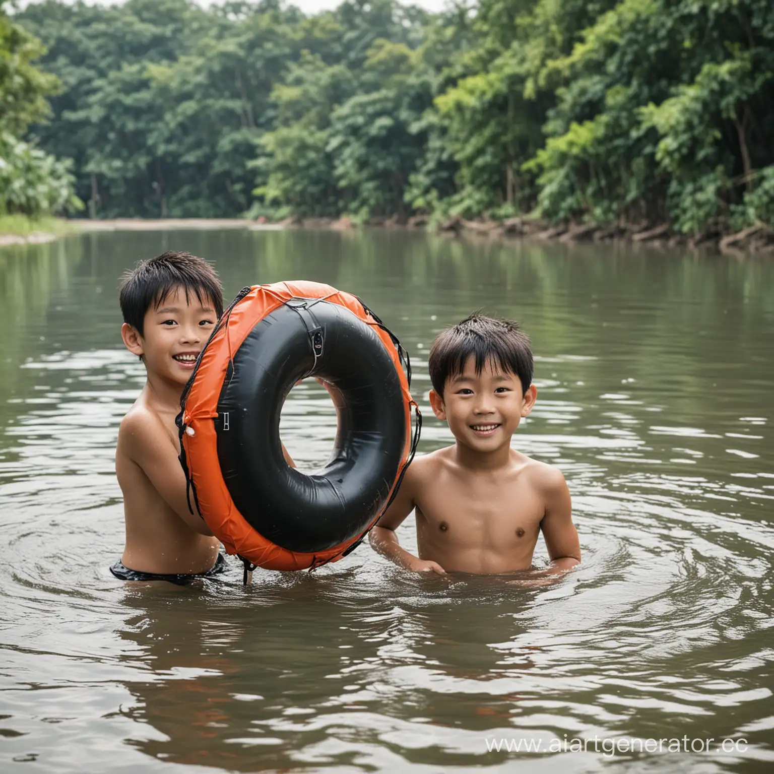 Asian-Boys-Swimming-with-Black-Lifebuoy-in-River