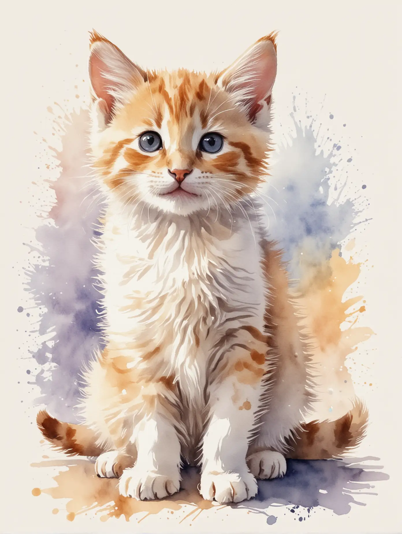Adorable Happy Kitten Sitting in Watercolor Style