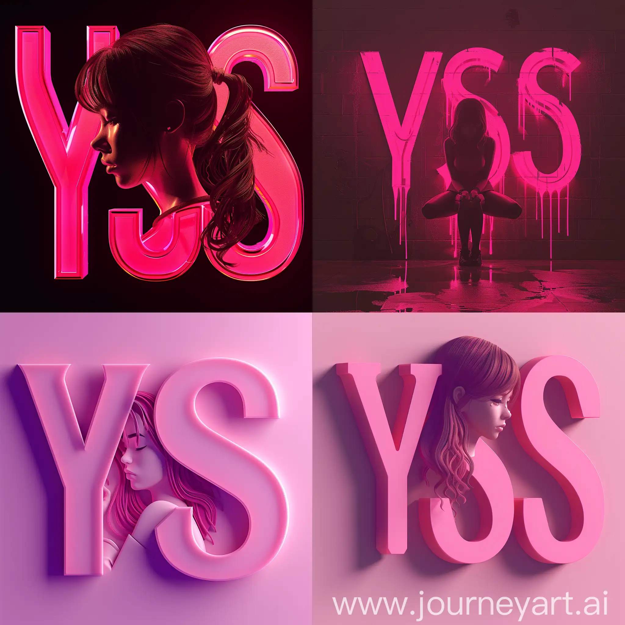 Игровой логотип, 8K, V-ray, photo, мягкие и изогнутые буквы "YSS" в нежных оттенках розового, силуэт грустной девушки между буквами, --s 300
