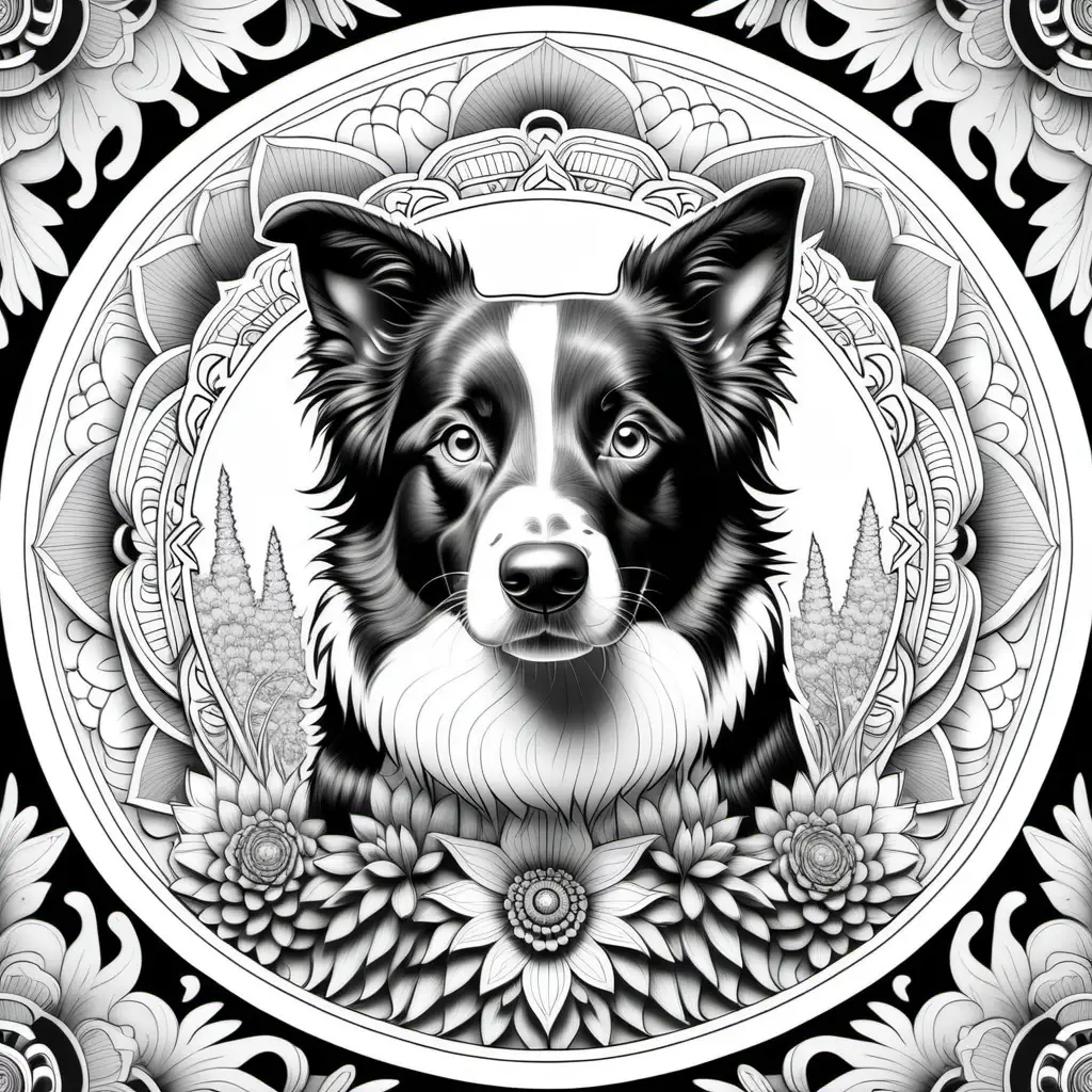 adult coloring book, black and white, best linework, no color. 3D illustrated portait of highly detailed, perfectly symmetrical mandala with nature details and centered realistic full body of border collie