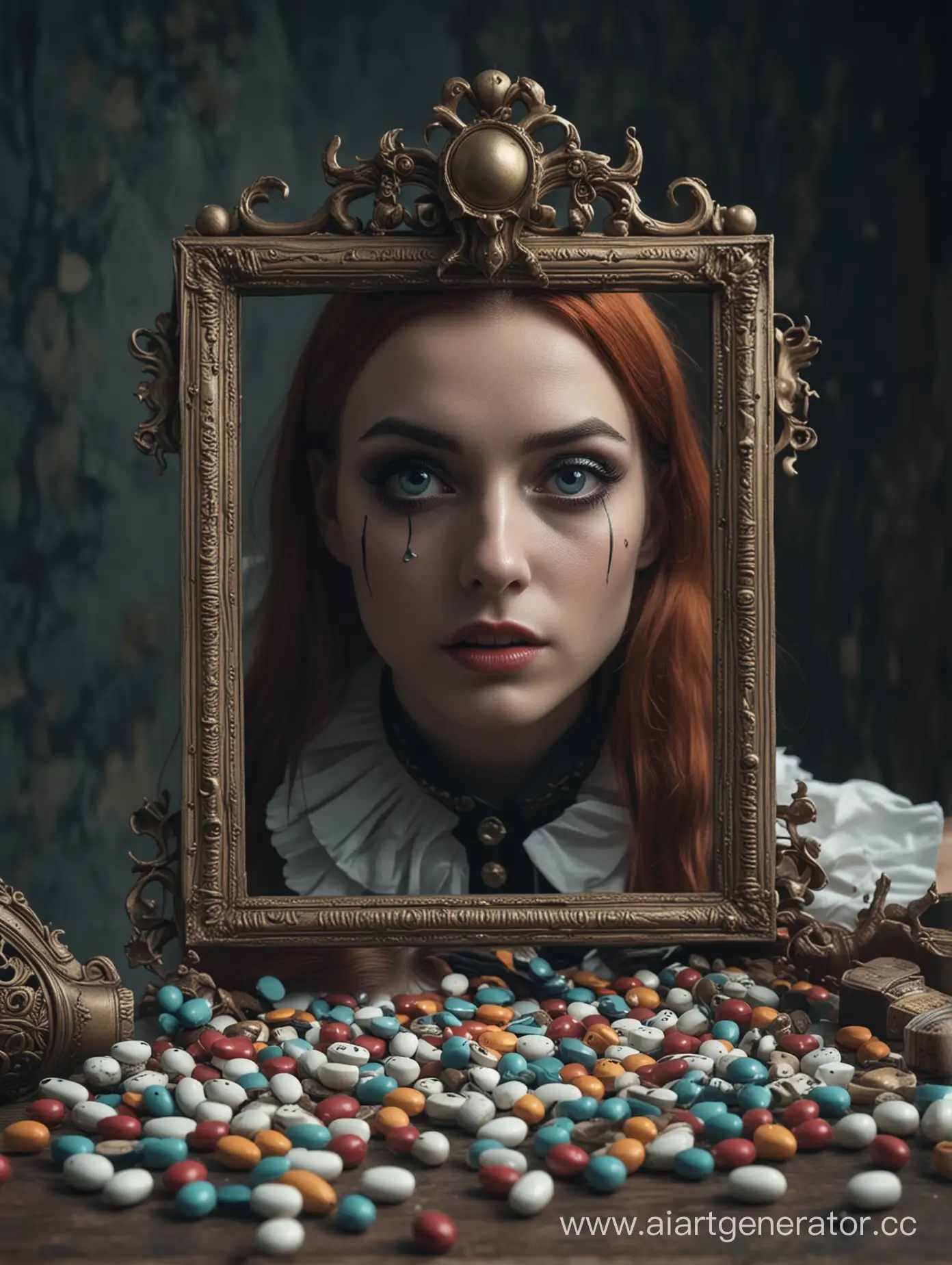 swallows pills, Alice in Wonderland horror style, cosplay, realistic frame, cinematic lighting, mystery,