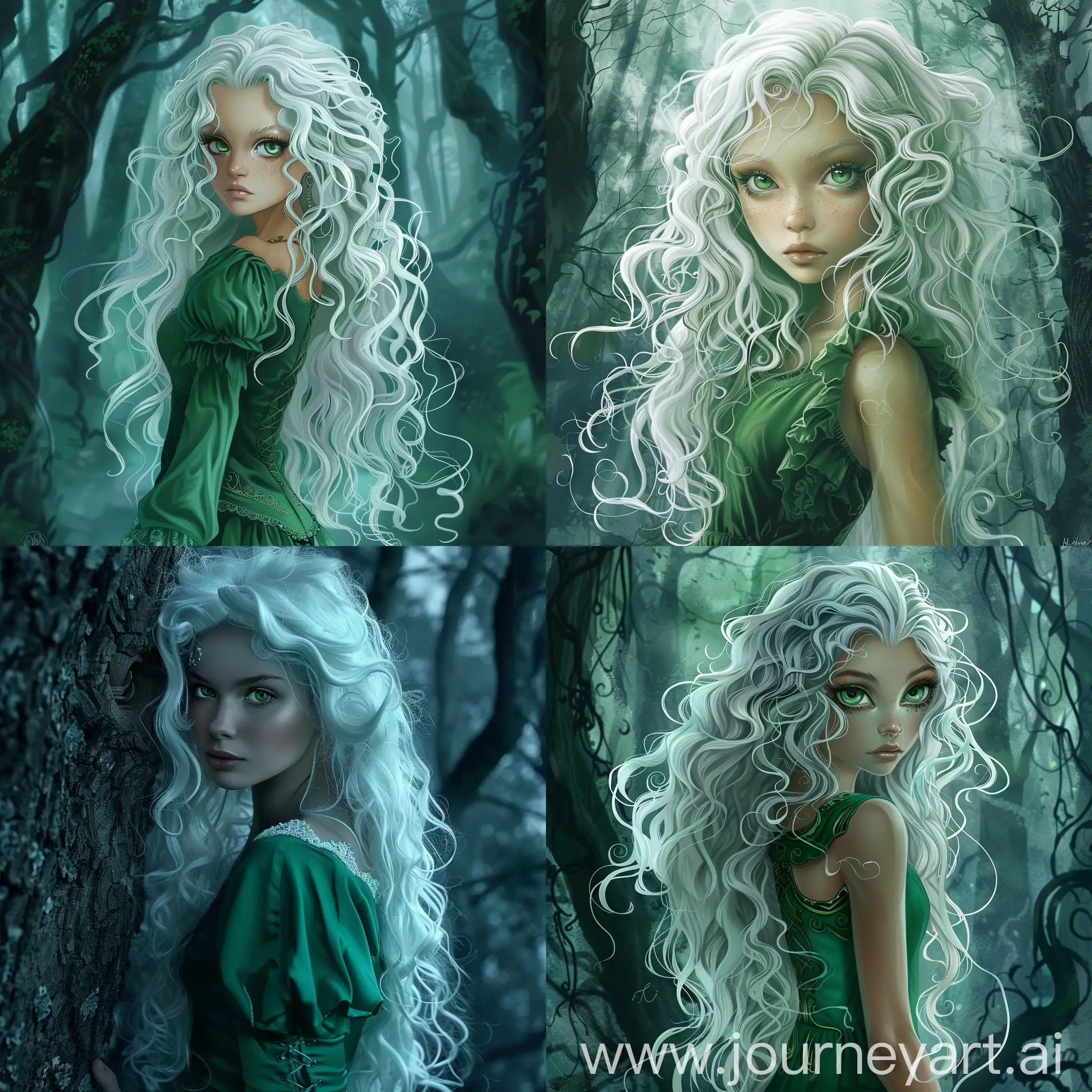 Девушка, с длинными, кудрявыми, белыми, волосами, зелёными, глазами, в зелёном, платье, стоит, на фоне, пасмурного, леса