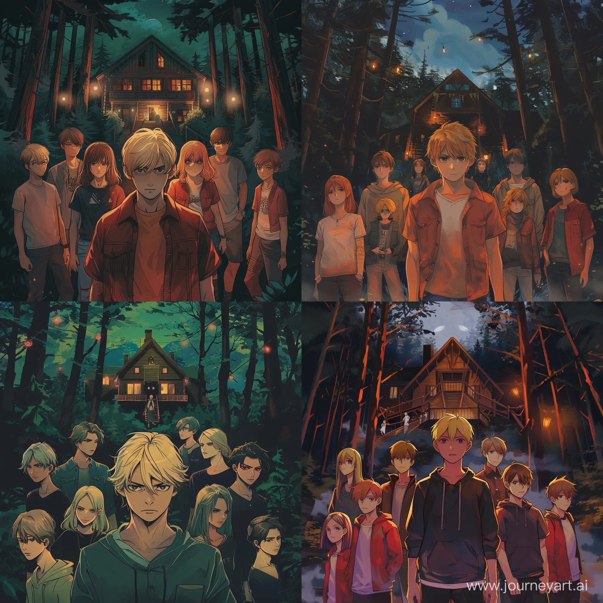 a cover for a book, horror, aesthetic, 11 friends, teenagers, six boys, five girls, forest, a lodge at the background, night, one boy in the middle with blonde hair, anime drawing, 18 years old, dark theme