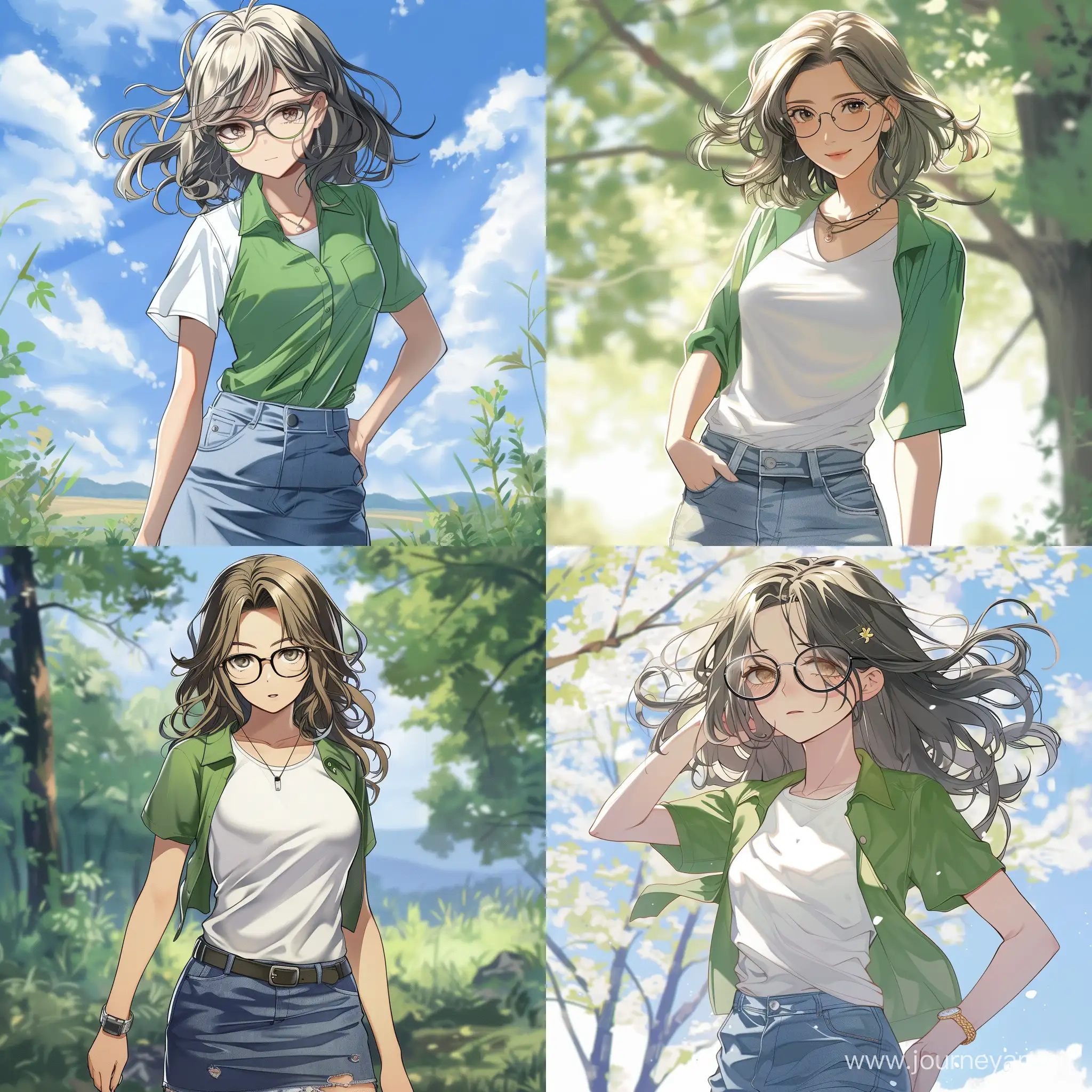 anime girl, dark blond hair, glasses, white T-shirt, green shirt, jeans skirt, nearby volga, spring