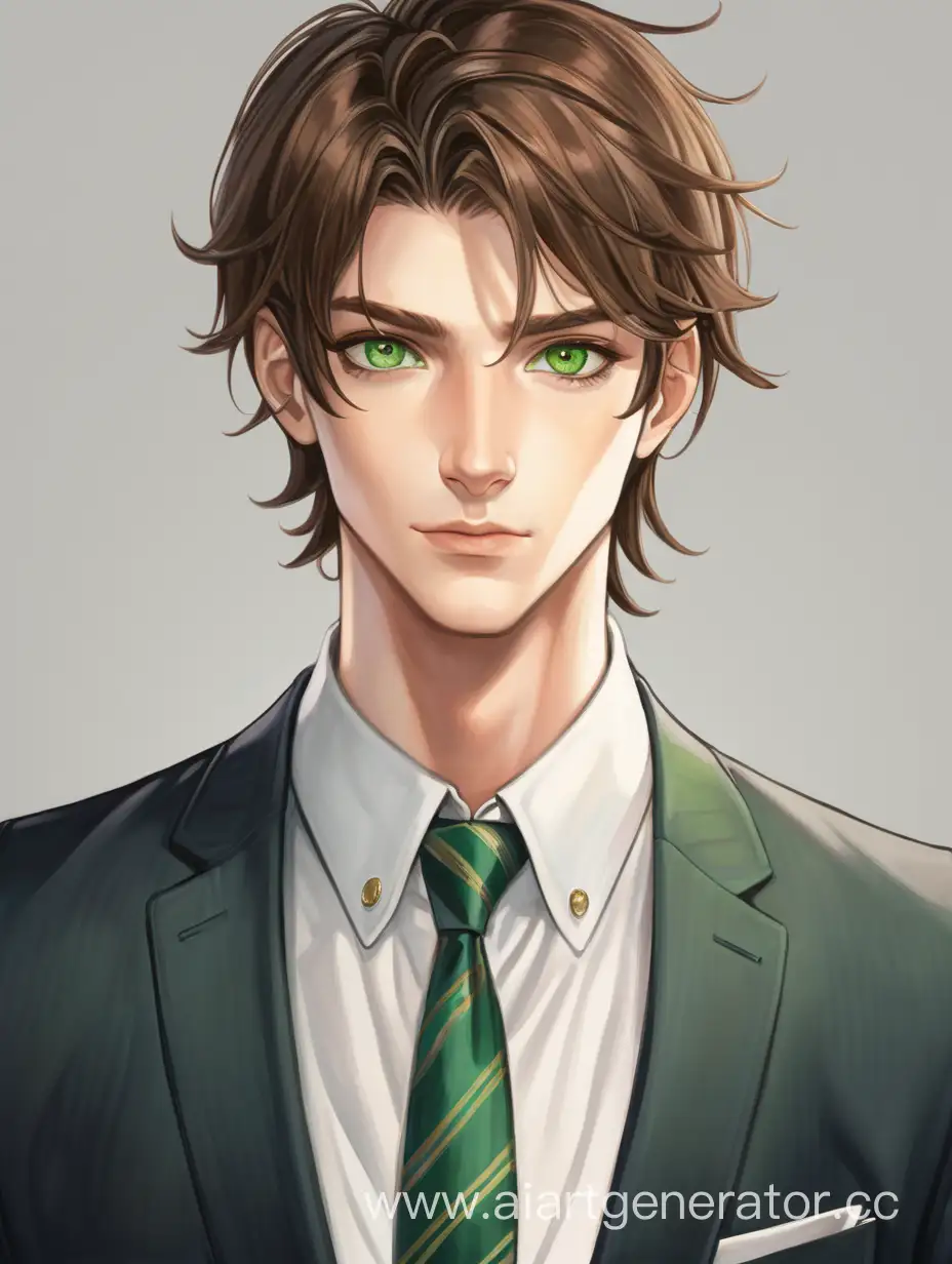 Молодой красивый парень, стройного телосложения, с коричневыми волосами и зелёными глазами в костюме 