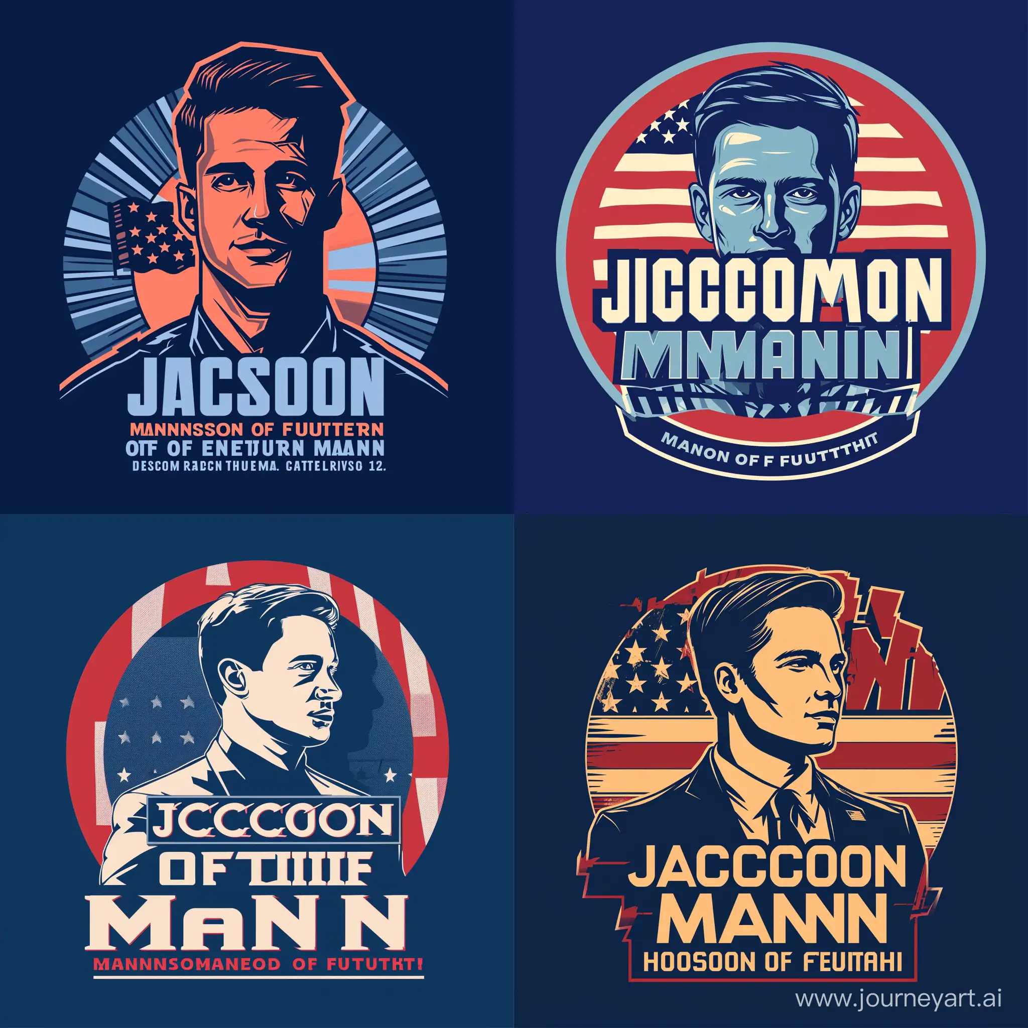 Develop a campaign logo for Jackson Mann, a Conservative Democrat running for Alabama House of Representatives District 12. The logo should reflect his presence in a predominantly Republican area. Incorporate the candidate's name, 'Jackson Mann,' and his campaign slogan, 'Mann Of The Future.' Emphasize a balance between conservative values and forward-thinking ideals. Consider using patriotic colors and symbols, and ensure the design communicates a sense of inclusivity and approachability. Avoid any overly partisan elements and maintain a professional and appealing aesthetic.