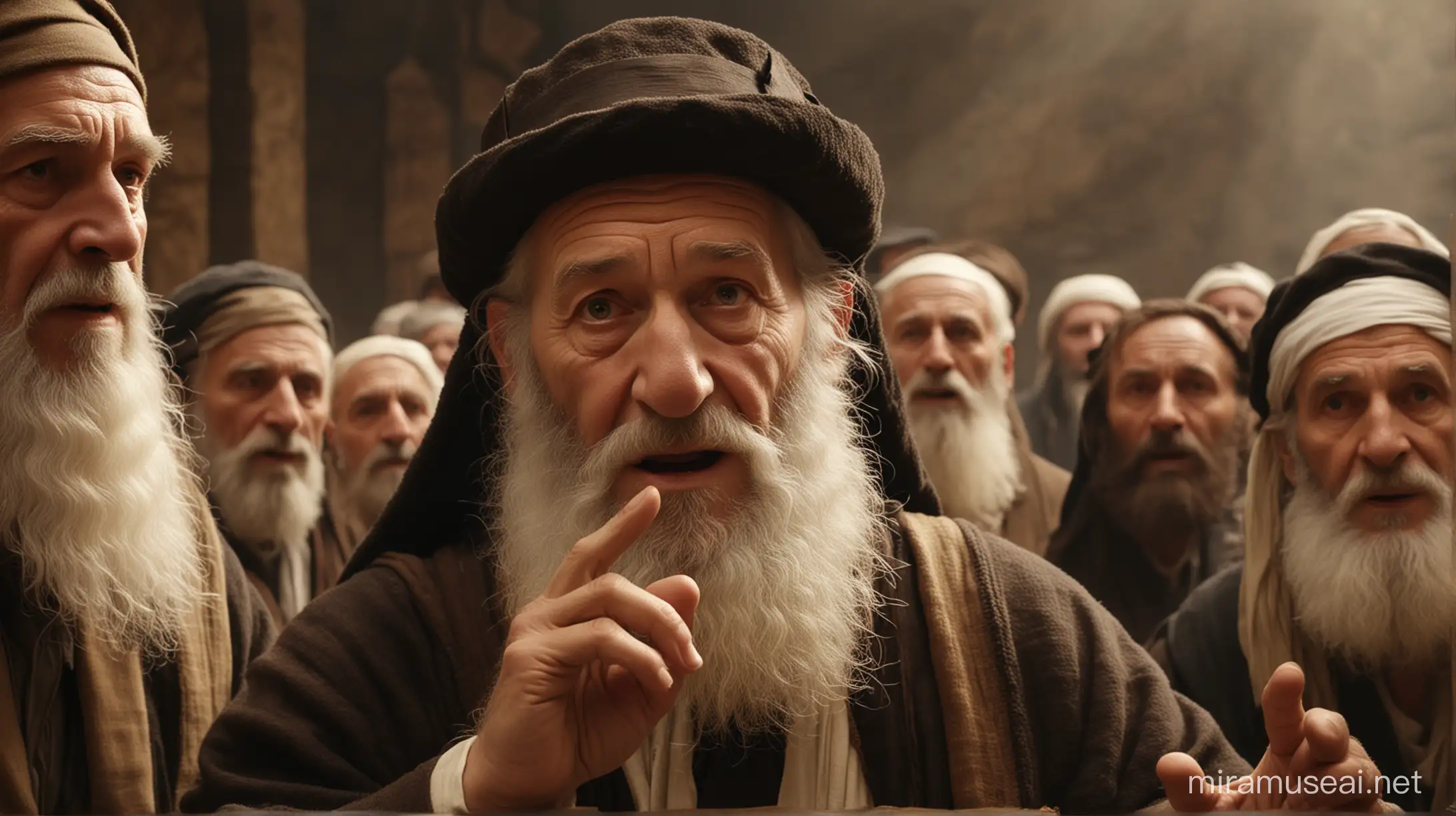 create image of an elderly rabbi speaking to his followers. 6k resolution, more realistic, based on the movie The Passion of the Christ.