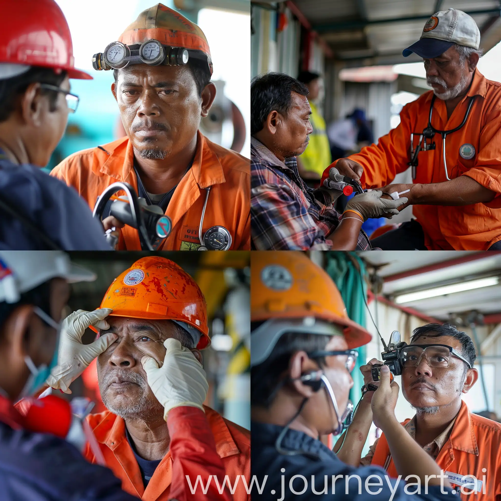 An Indonesian Pertamina worker is having a health check