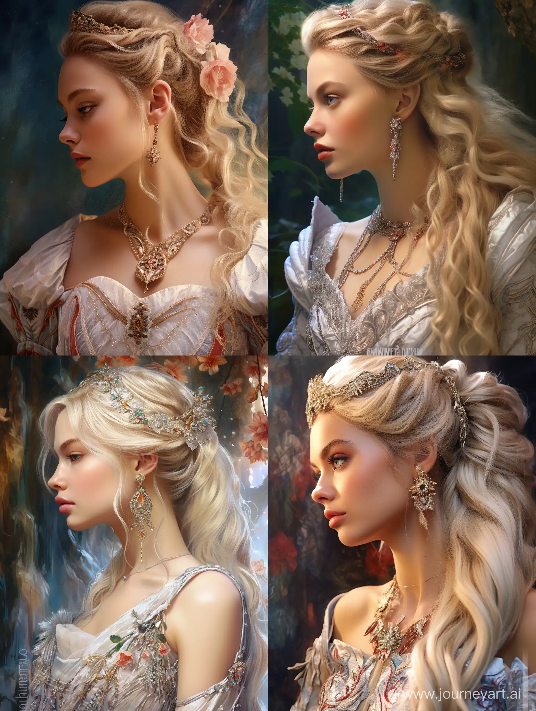 Extraordinary close-up profile portrait in Elden Ring style of an enchanting blonde-haired maiden with elaborate facial details, upturned nose and clear eyes wearing intricate clothing and bright jewelry in a magical fantasy glade by Greg Rutkowski, oil watercolor airbrush