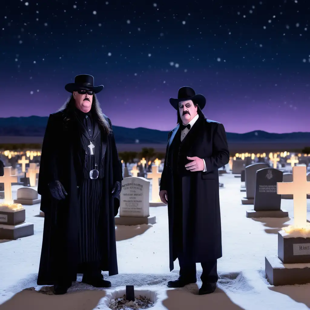 Undertaker and Paul Bearer in a Death Valley cemetery in the snow at night with christmas lights 