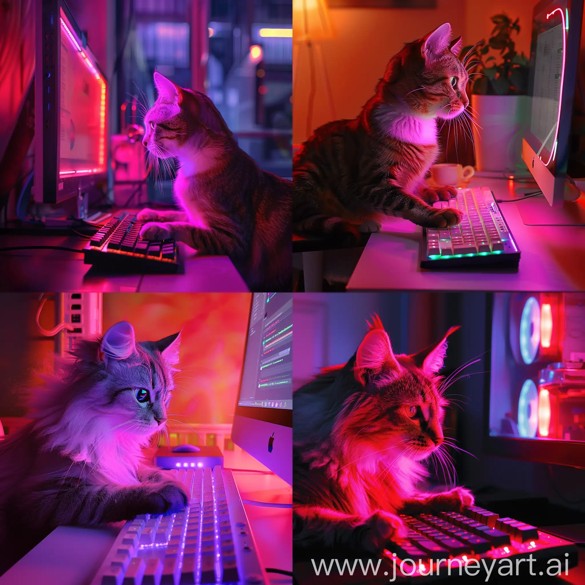 the cat is sitting at the computer and working, neon lighting