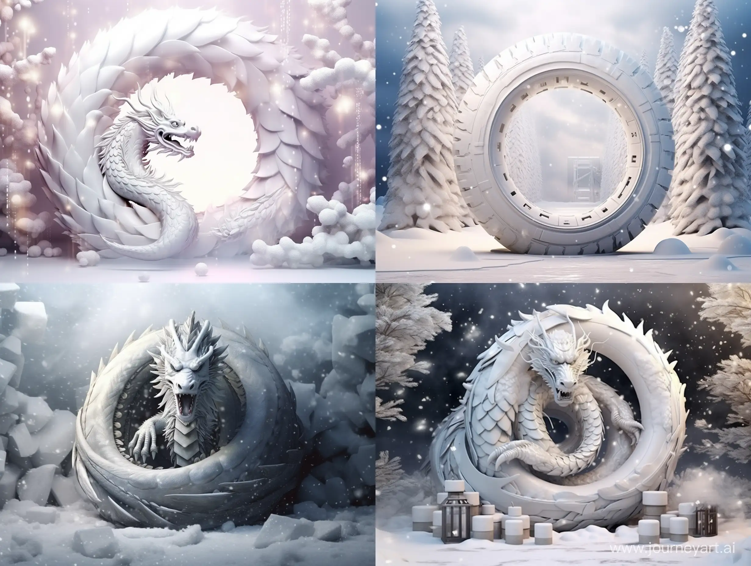 Новогодний дракон в форме грузовой шины, светлый белый новогодний фон, поздравительная открытка