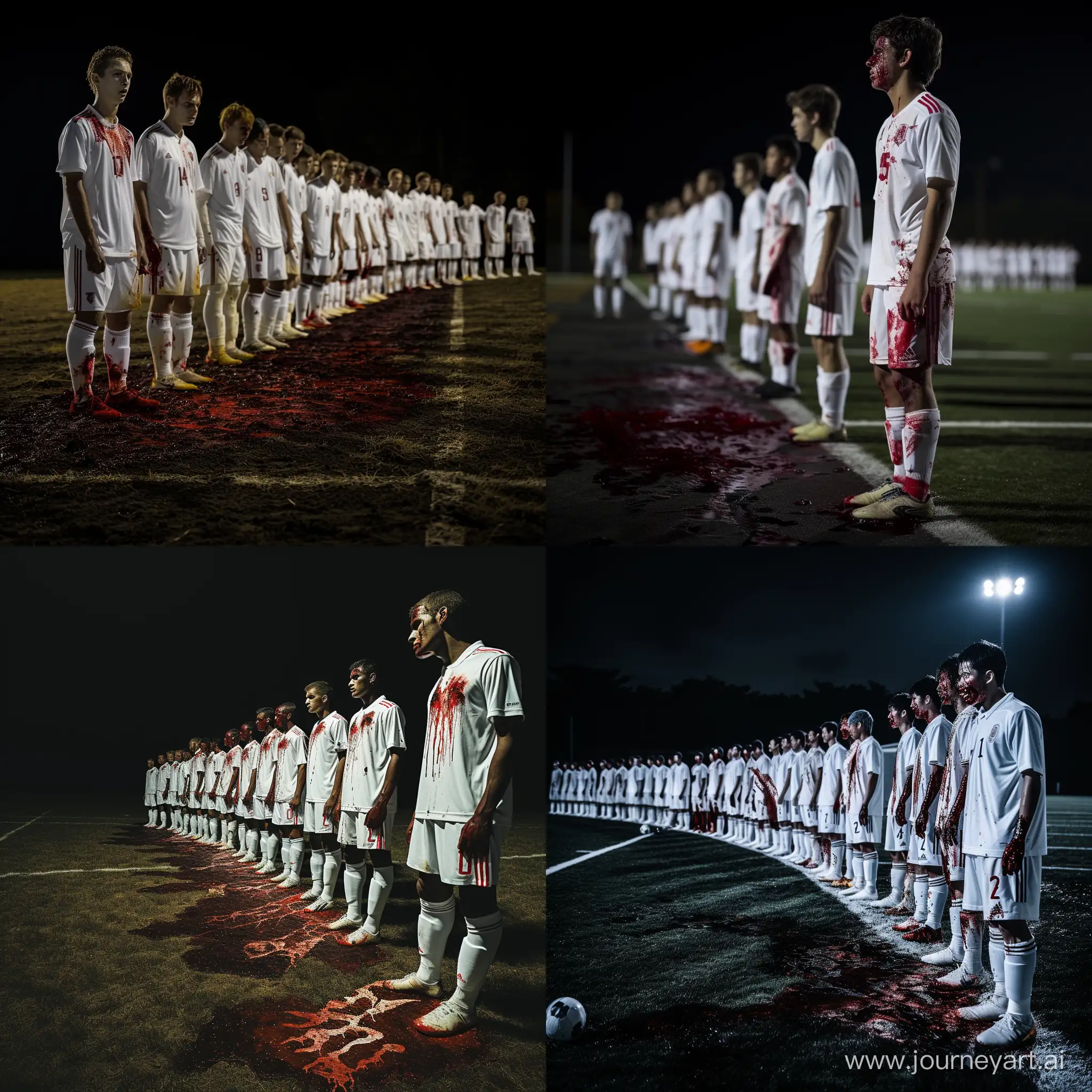 A soccer team in white and bloody uniform lined up on the bloody and dark field