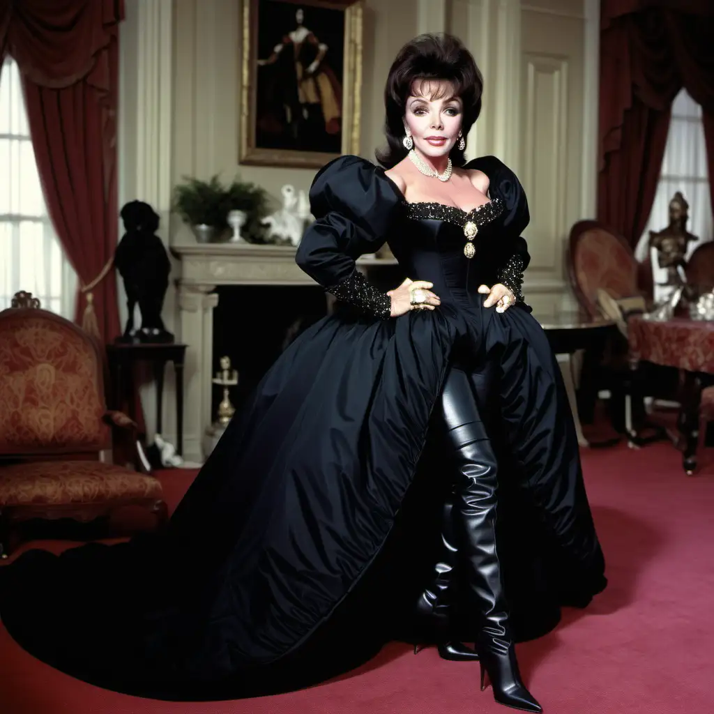 Joan Collins wearing a shijy black beautiful Elizabethan Tudor ball gown dress with open fronted dress a long long train big puffed shoulders and slaves and shows legs rich elegant Regal, thigh high boots