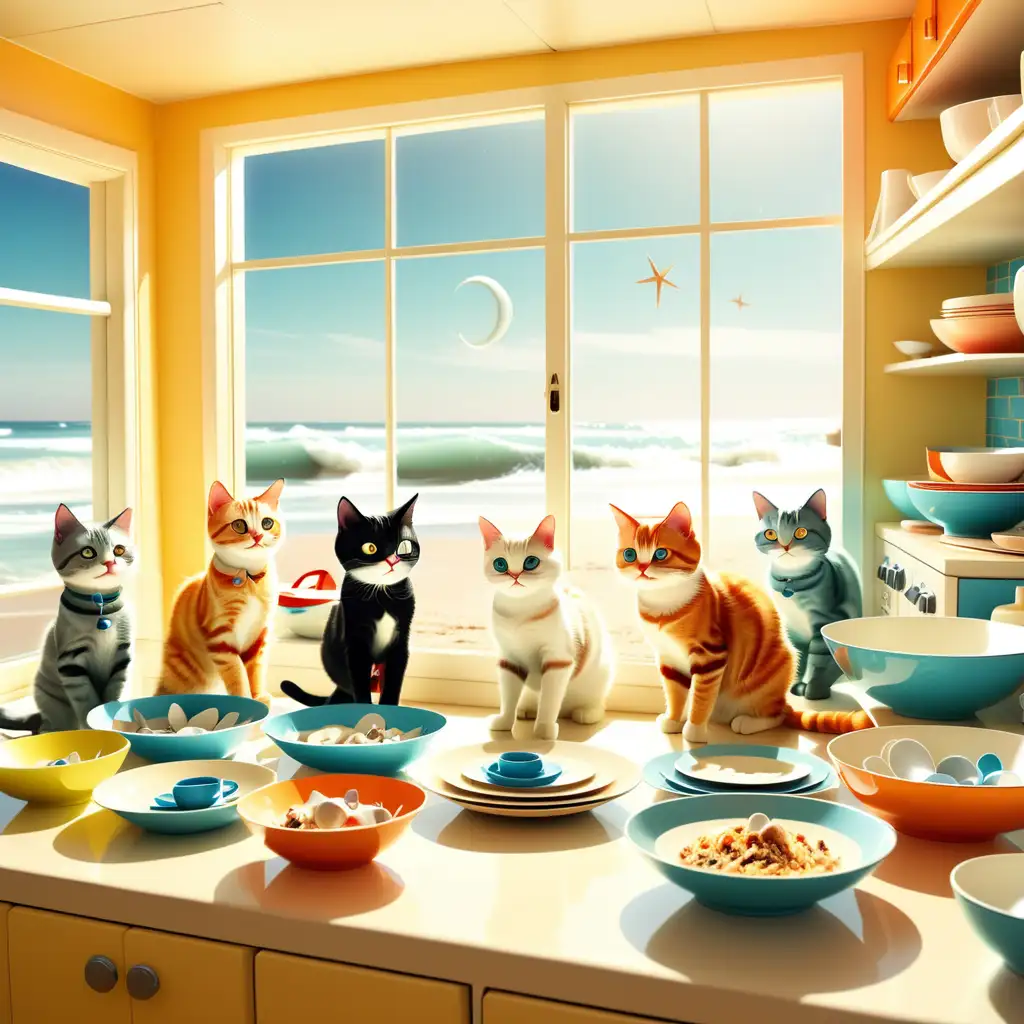 Playful Space Age Cats in Retro Kitchen