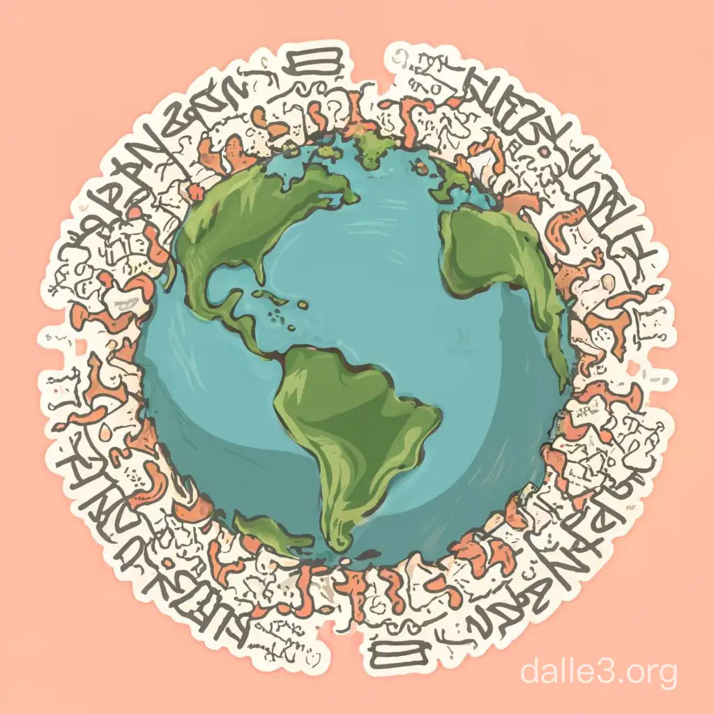 earth with text bubbles coming out in different languages, earth is hugged by a mother like figure