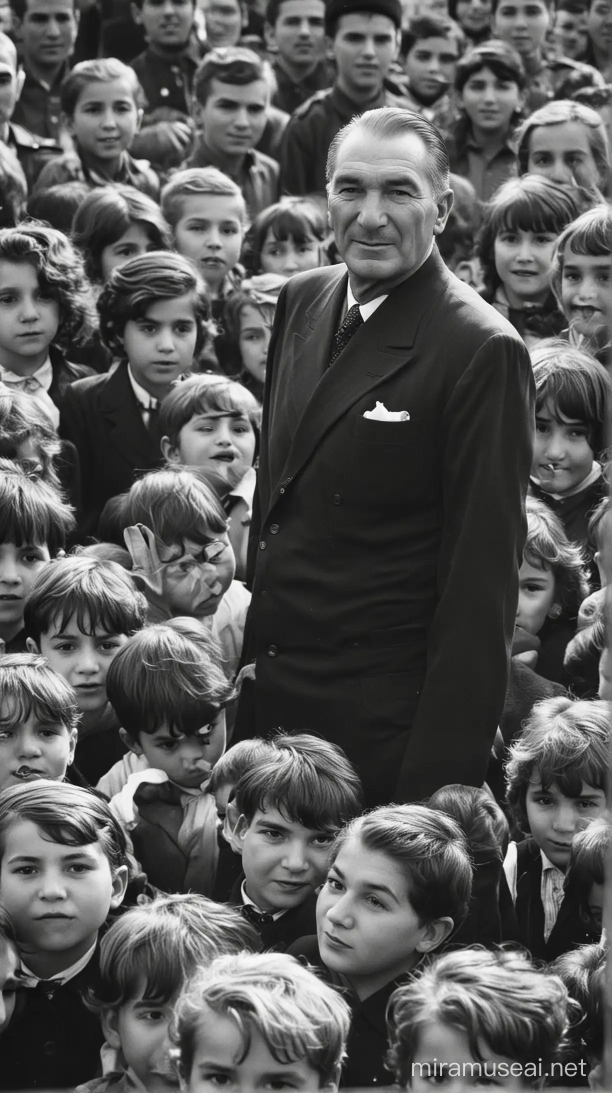 Atatürk, who is looking through the children.