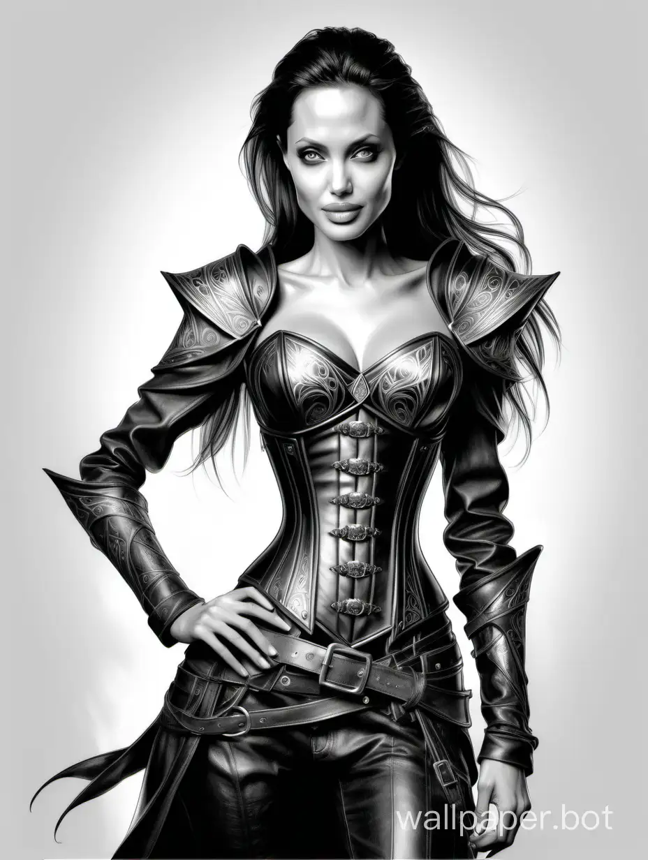 Angelina Jolie, a girl elf fire mage, Leather corset with metallic inserts, beautiful, chest size 4 with a narrow waist and large hips, black and white sketch, white background, fantasy style
