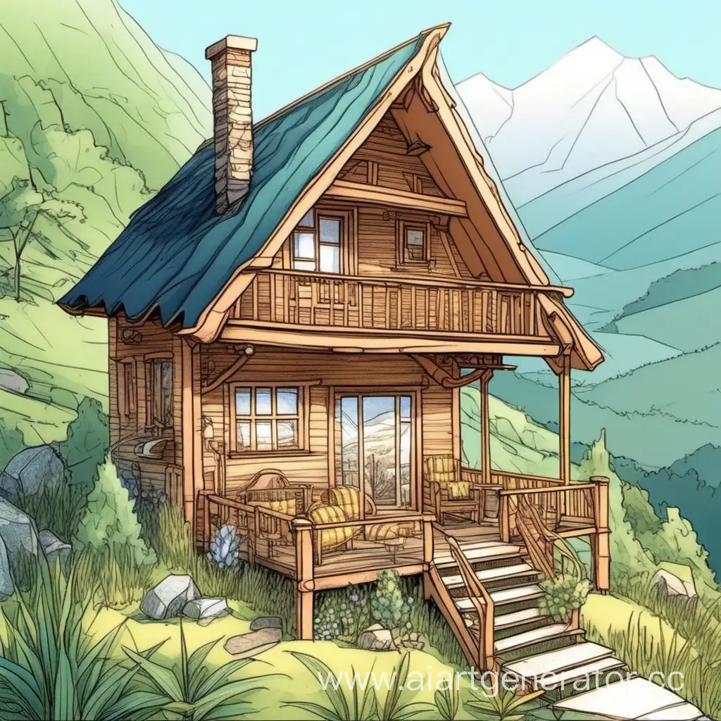 экологическое искусство, милый дом, веранда, горы, нарисованный, стиль pathfinder 2e