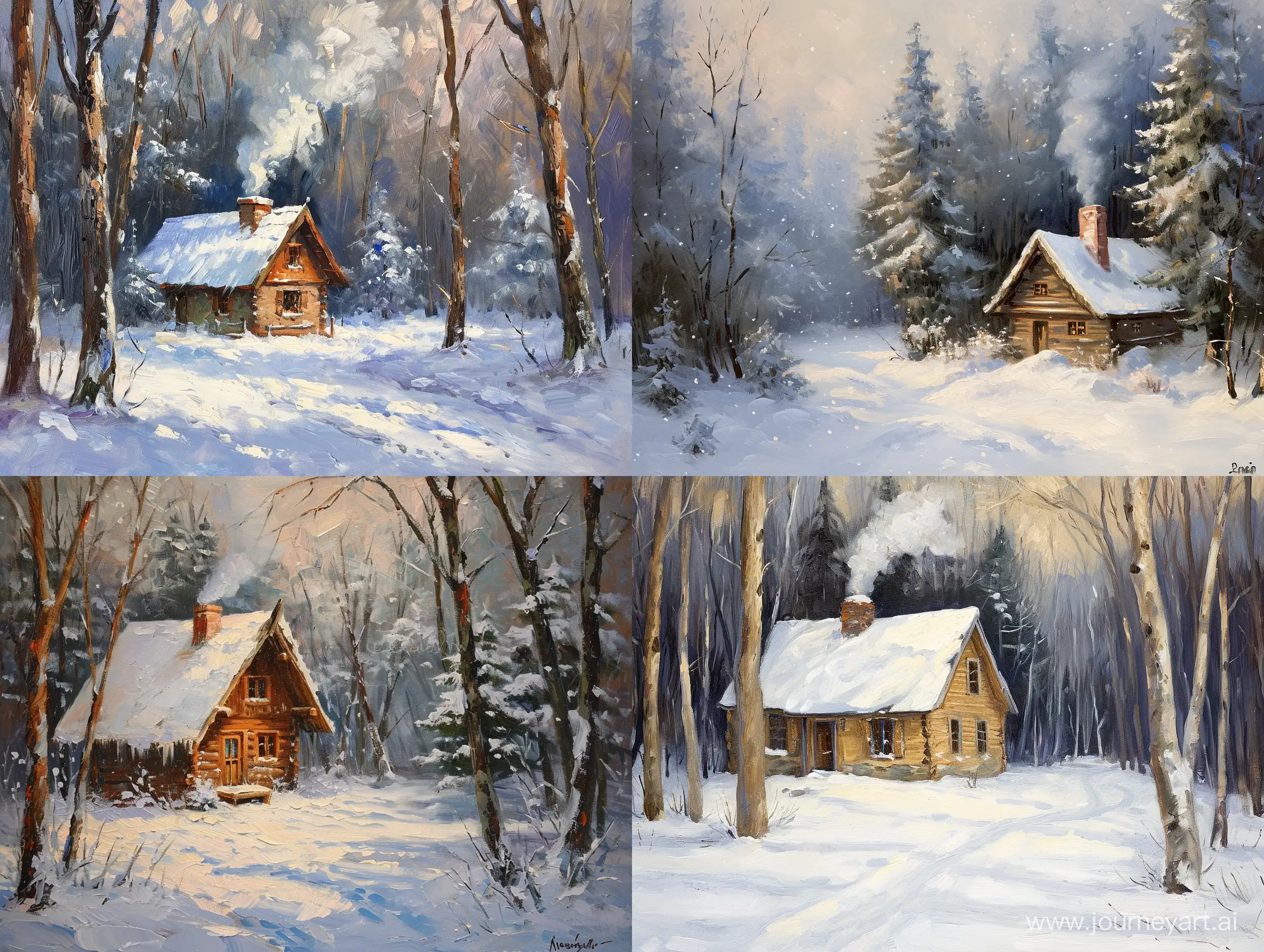 Enchanting-Winter-Scene-Snowy-Forest-Cottage-with-Smoking-Chimney