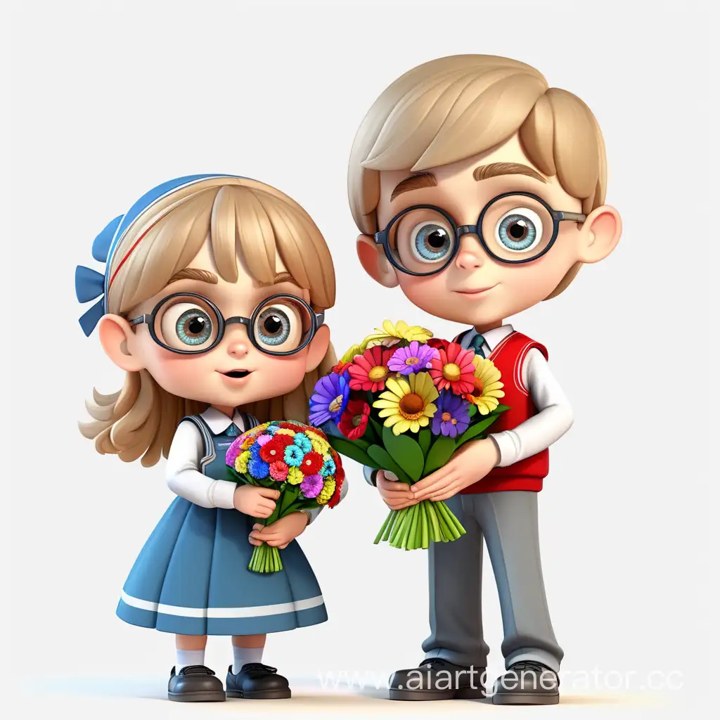 мальчик и девочка российские школьники с цветами в руках, в полный рост, большие глаза, оформление цветы, белый фон, 3д мультик