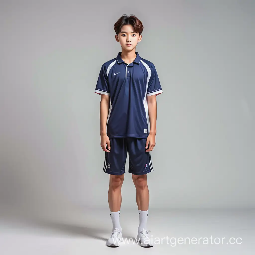 Generate a full-length photo of a korean boy in an athletic uniform. The teenager should look beautiful, healthy and fit, with no visible signs of side effects. 