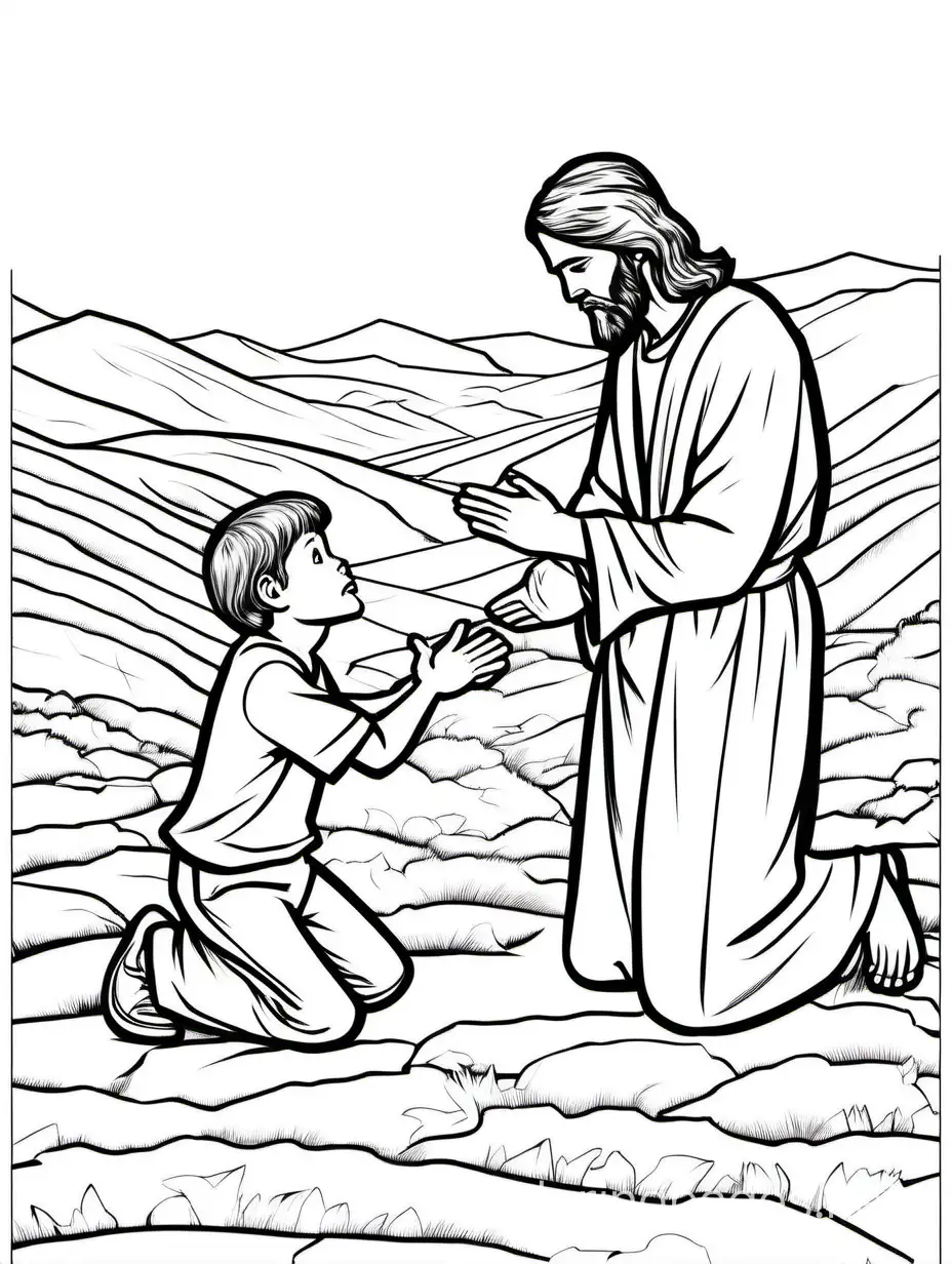 a boy kneeling down asking Jesus for help
, Coloring Page, black and white, line art, white background, Simplicity, Ample White Space. The background of the coloring page is plain white to make it easy for young children to color within the lines. The outlines of all the subjects are easy to distinguish, making it simple for kids to color without too much difficulty