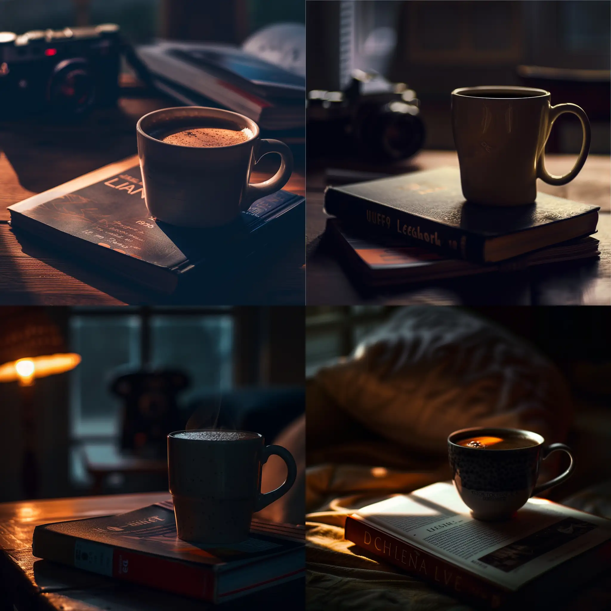 luxury desktop with a mug of coffee, a book for notes, evening time of day and dark colors, ultra HD bright atmosphere, original photo, high detail, very sharp, 18mm lens, realistic, photography, Leica camera